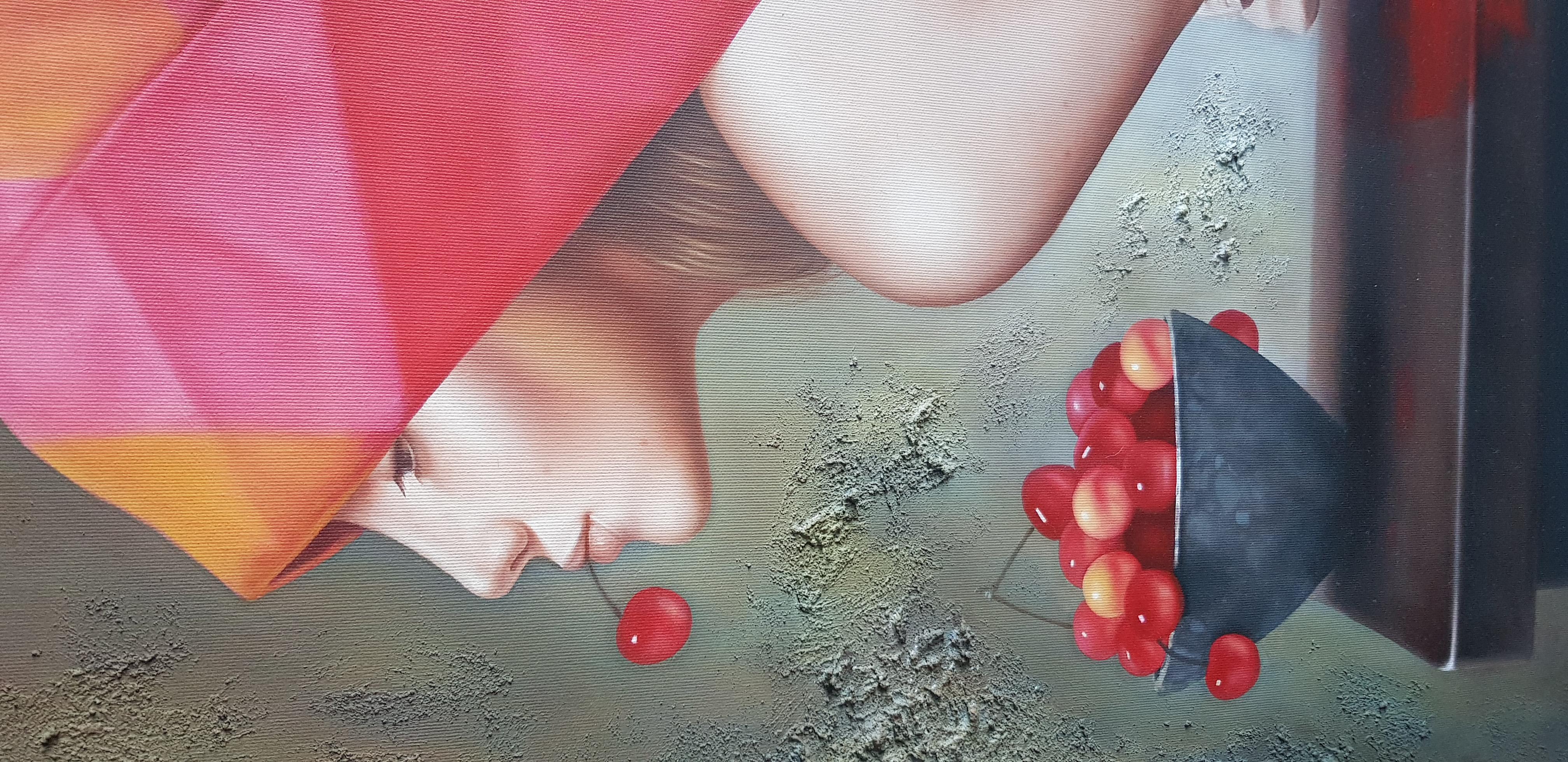 Peinture figurative à l'huile acrylique rouge ivoire bleu blanc marron orange jour de cerisier - Painting de Dimitar Voynov - Junior