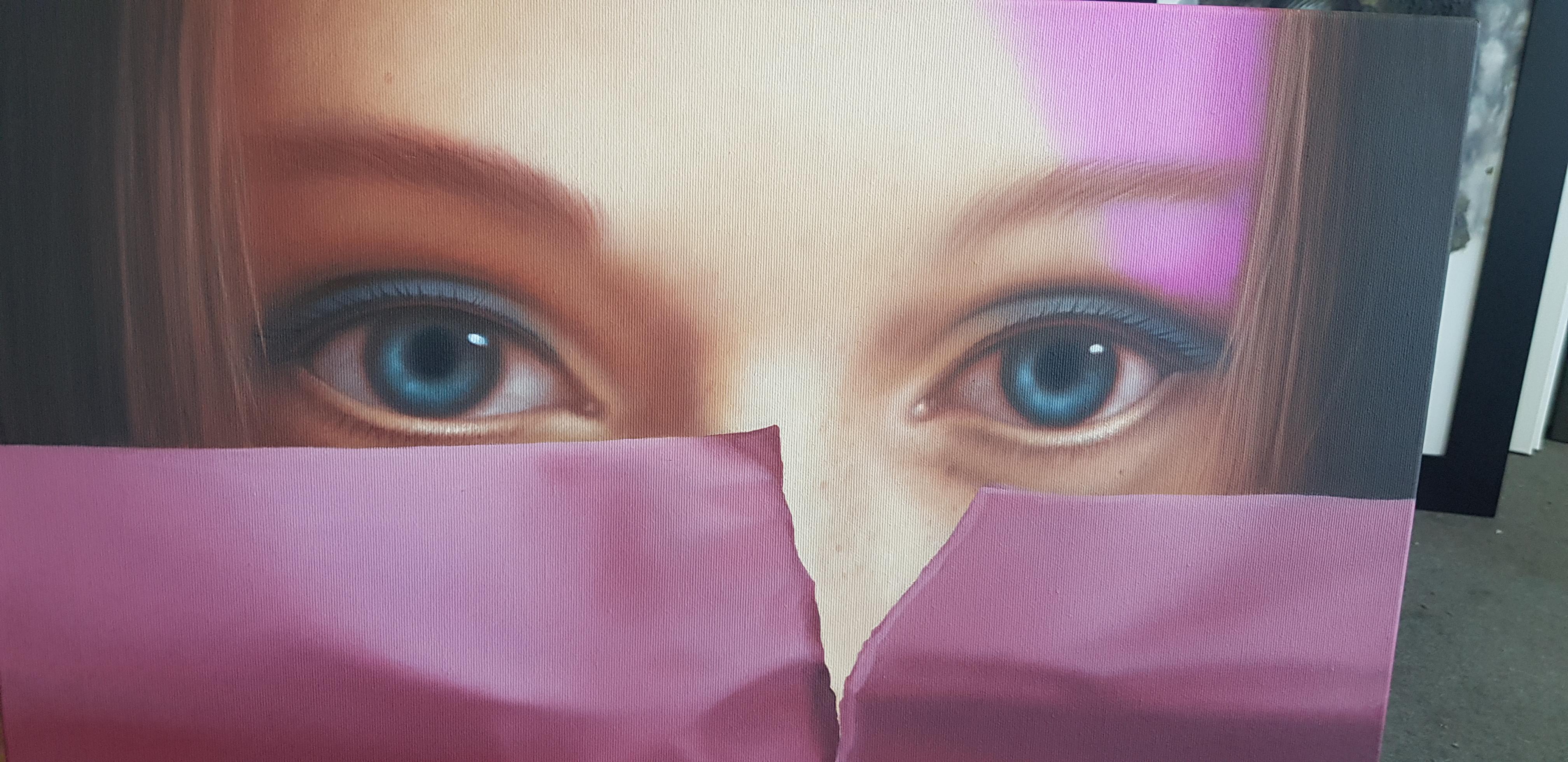 Occhi aperti - Olio Acrilico Pittura Figurativa Avorio Blu Bianco Marrone Verde - Painting di Dimitar Voynov - Junior