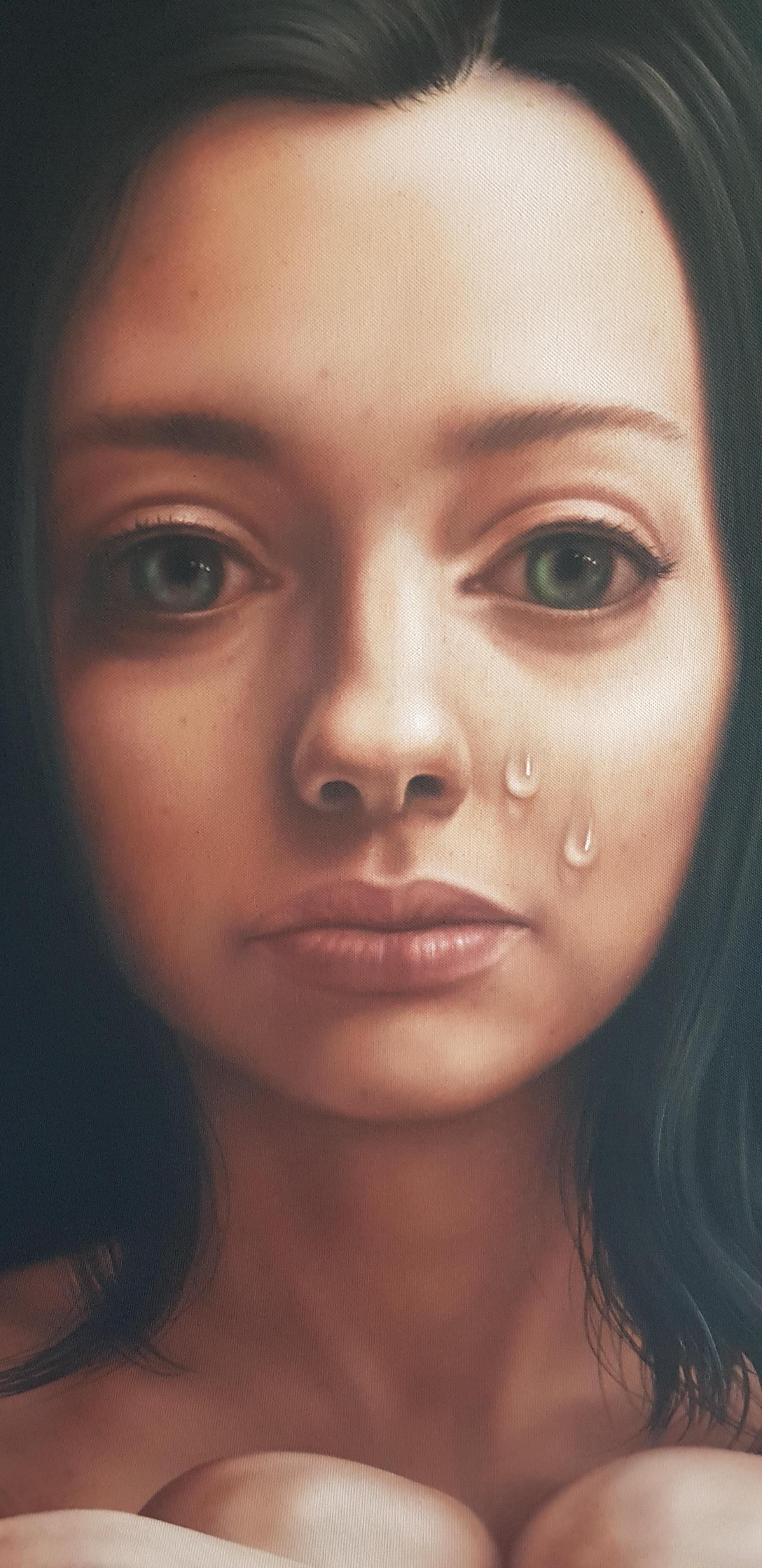 Tränen für das Leben - Öl Acryl Figuratives Gemälde Farben Schwarz Elfenbein Weiß Braun – Painting von Dimitar Voynov - Junior
