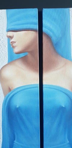 Yin et Yang - Peinture figurative à l'huile et à l'acrylique Bleu ivoire Blanc Brown Green