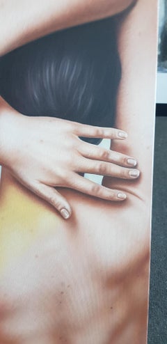 Ja, Picasso - Öl Acryl Figuratives Gemälde Elfenbein, Blau, Weiß und Braungrün