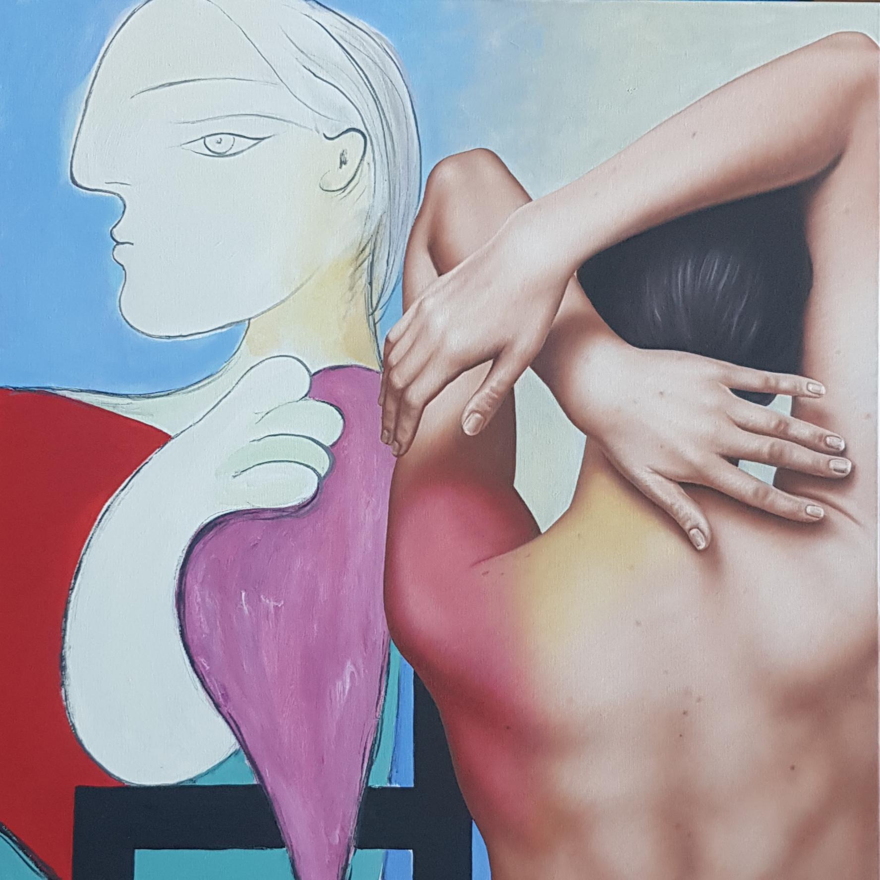 Ja, Picasso - Öl Acryl Figuratives Gemälde Elfenbein, Blau, Weiß und Braungrün