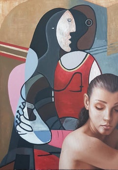 Touch Picasso - Oil Acrylic Figurative Painting Pink Ivory Blue White Grey Red