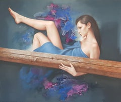  Holzstück - Öl Acryl Figuratives Gemälde Elfenbein Lila Blau Weiß Braun