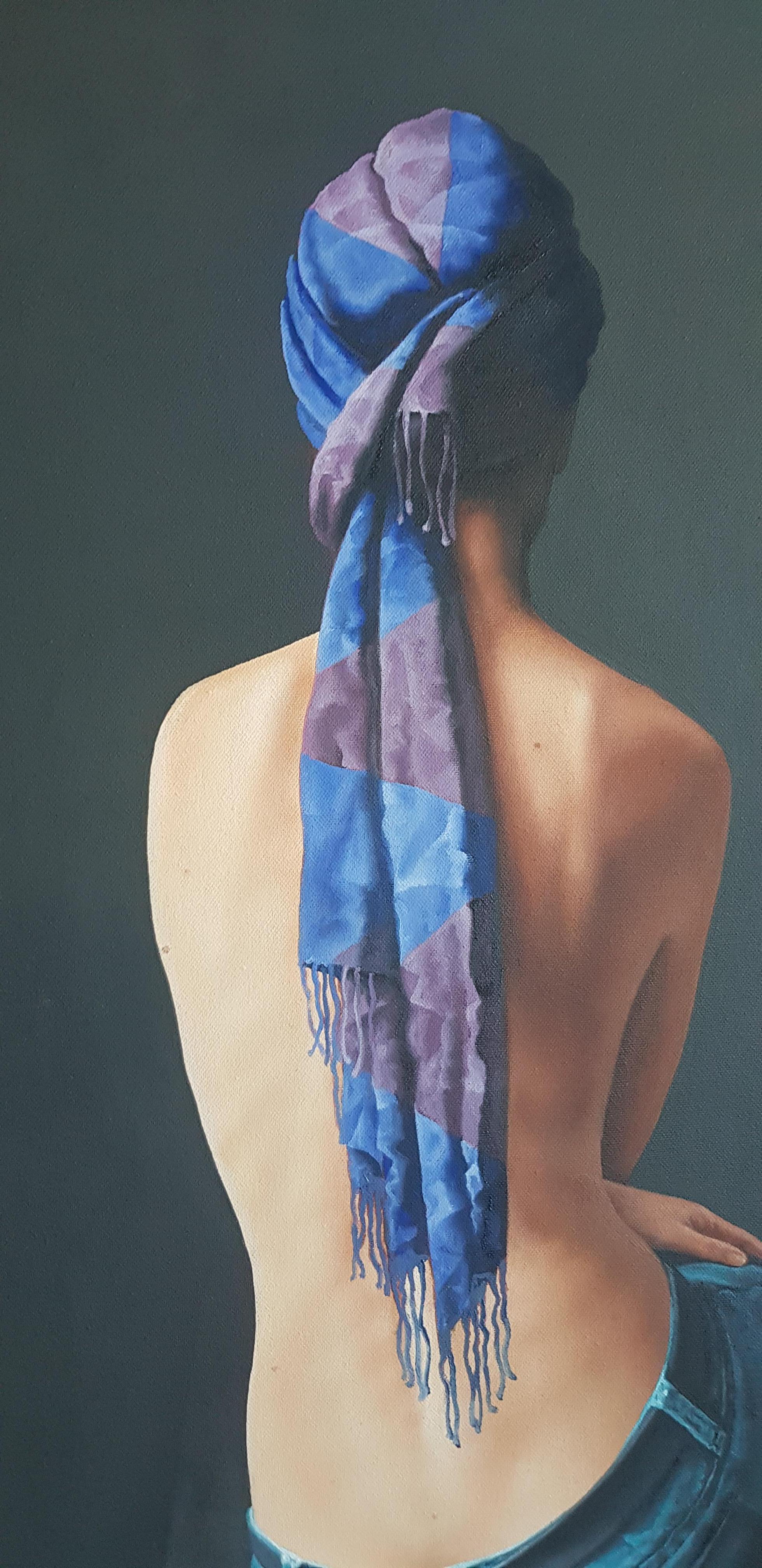 The Scarf - Oil Acrylic Figurative Colors Ivory Blue Red White Brown Green - Painting by Dimitar Voynov - Junior