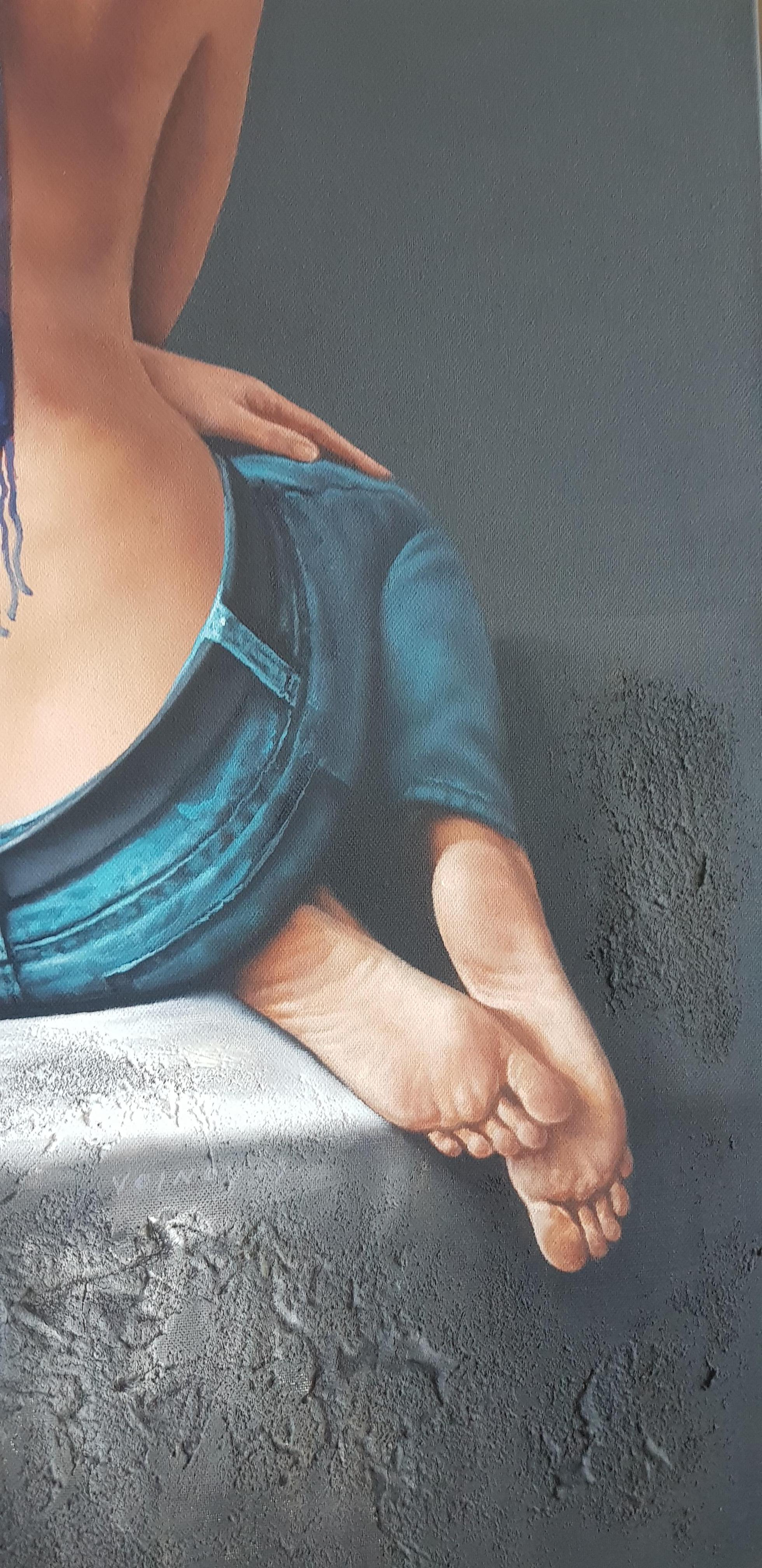 La Bufanda - Óleo Acrílico Figurativo Colores Marfil Azul Rojo Blanco Marrón Verde - Figurative Painting Gris de Dimitar Voynov - Junior