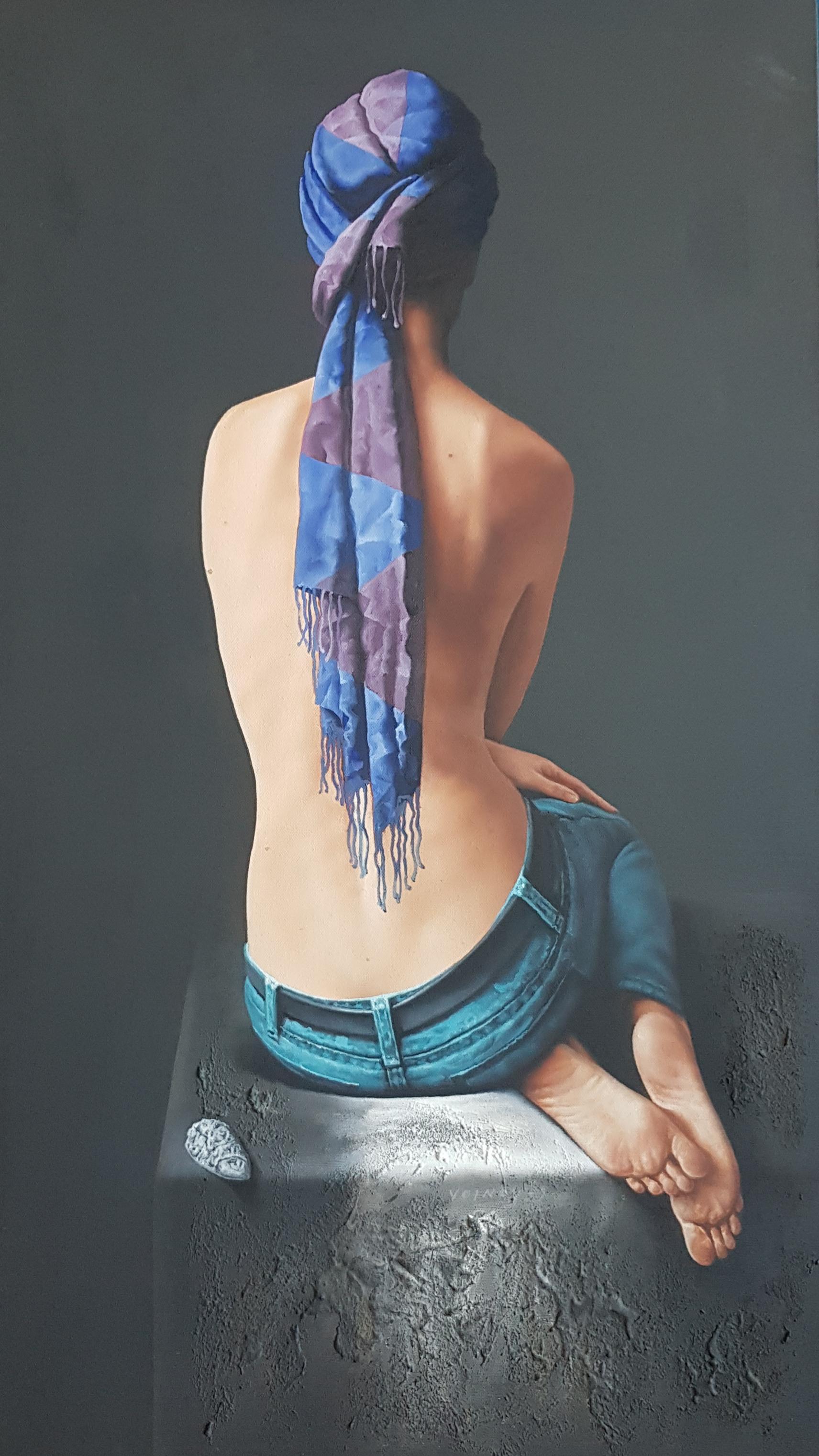 Dimitar Voynov - Junior Figurative Painting - The Scarf - Oil Acrylic Figurative Colors Ivory Blue Red White Brown Green