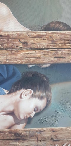 Zwei - Öl Acryl-Figuratives Gemälde in Blau  Schwarz Elfenbein Weiß Braun Grau