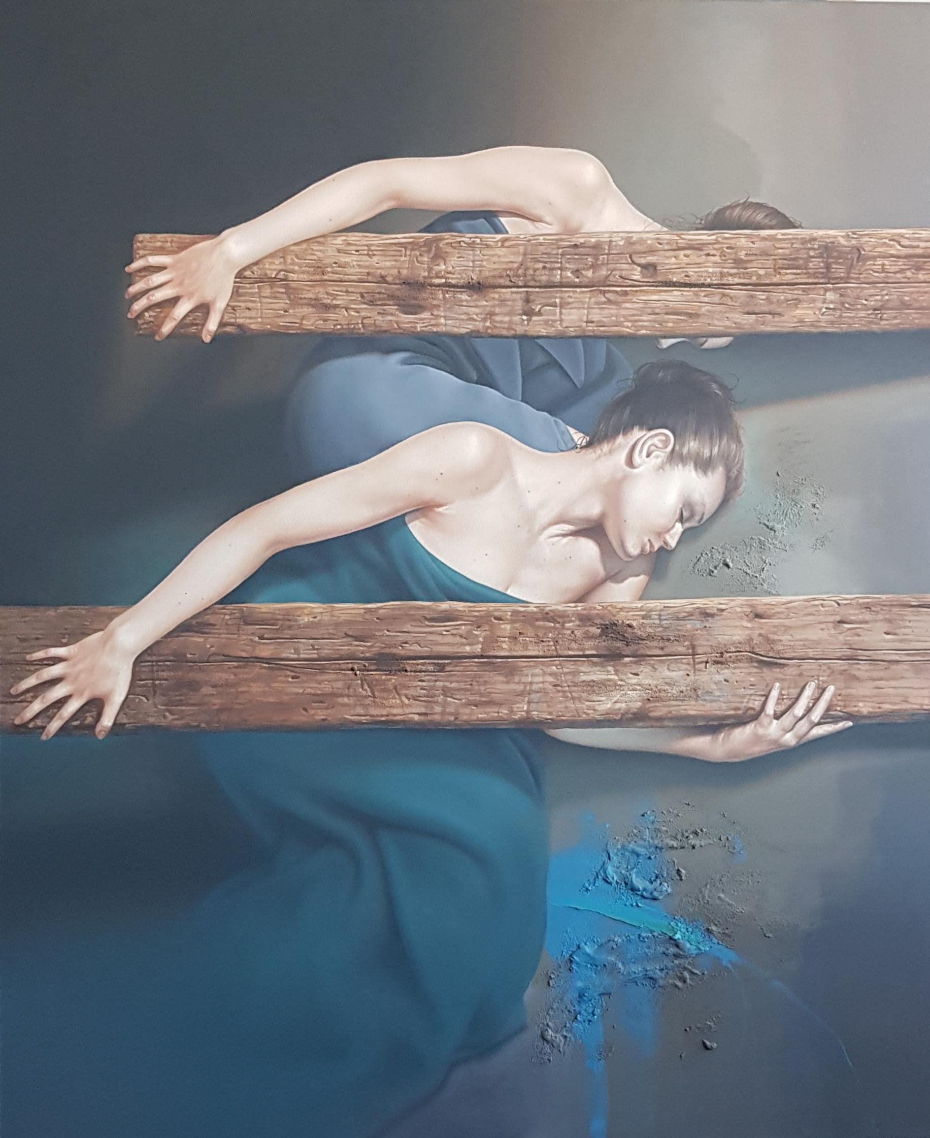 Figurative Painting di Dimitar Voynov - Junior - Due - Olio Acrilico Pittura Figurativa Blu  Nero Avorio Bianco Marrone Grigio