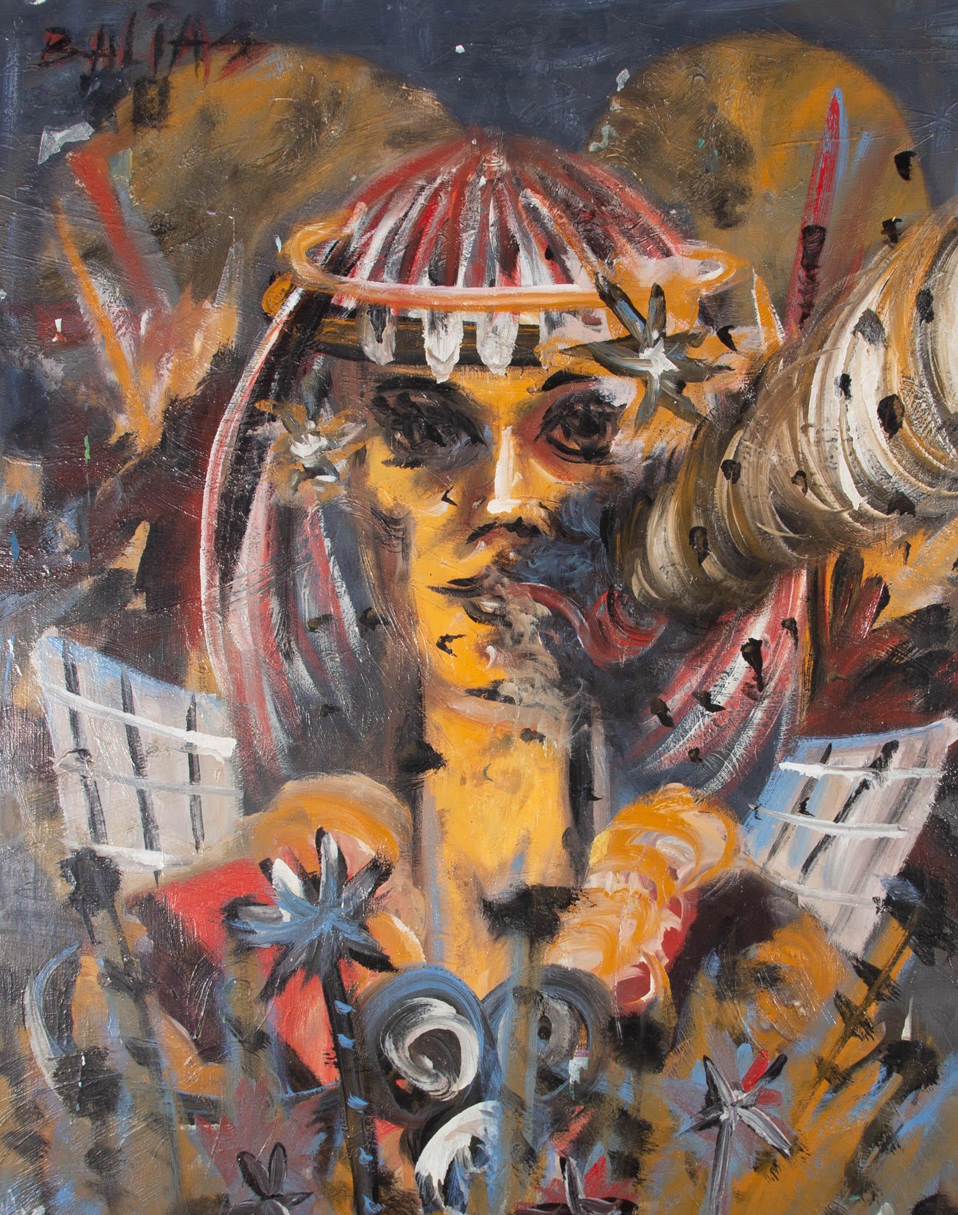 Ein markantes französisches Ölgemälde, das eine Pfeife rauchende Frau zeigt, umgeben von lebhaften Formen und Mustern. Der Künstler hat in der linken oberen Ecke signiert und datiert und auf der Rückseite signiert, datiert und beschriftet. Auf