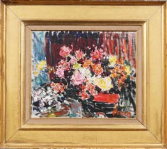 Large Antique French American Modernist Framed Flower Still Life Oil Painting