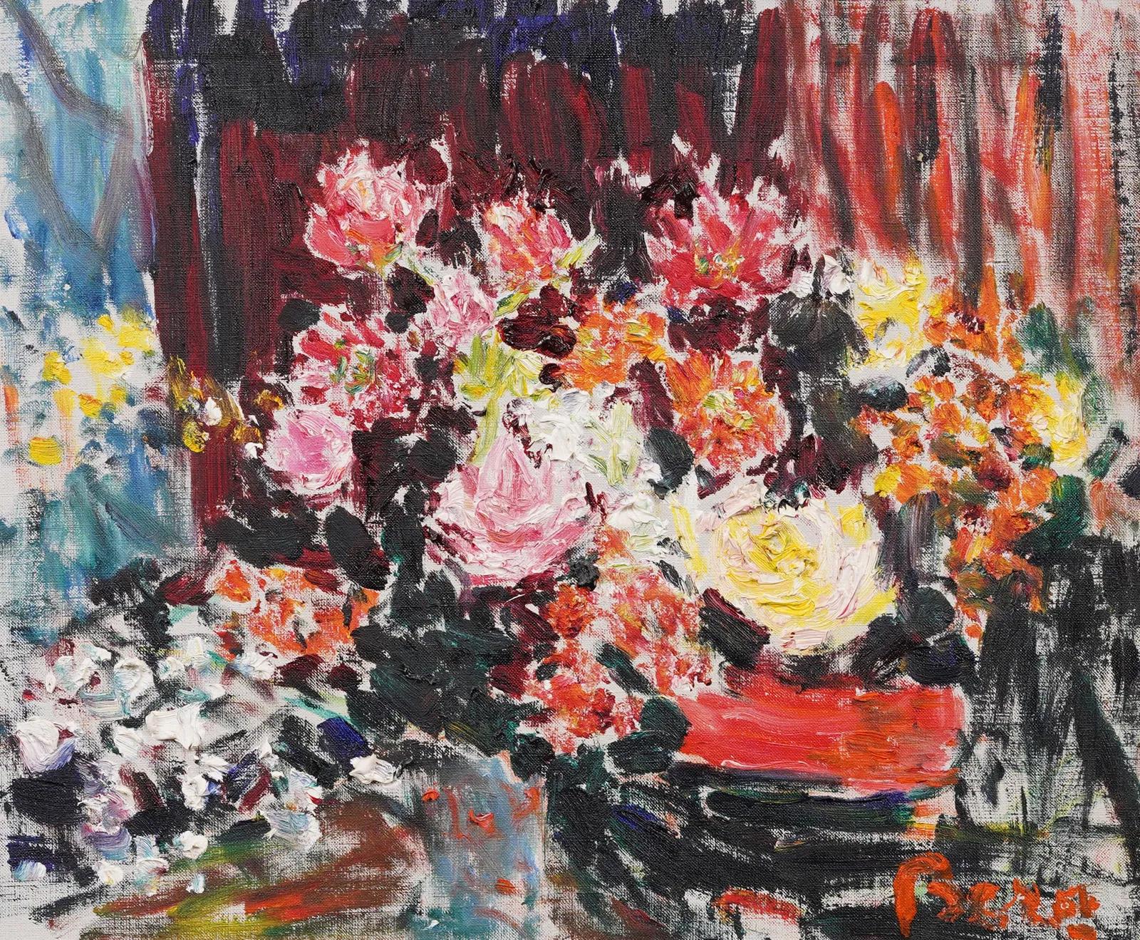 Grande pittura ad olio di natura morta floreale incorniciata di Antique French American Modernist - Painting Astratto di Dimitri Berea (1908 - 1975) 