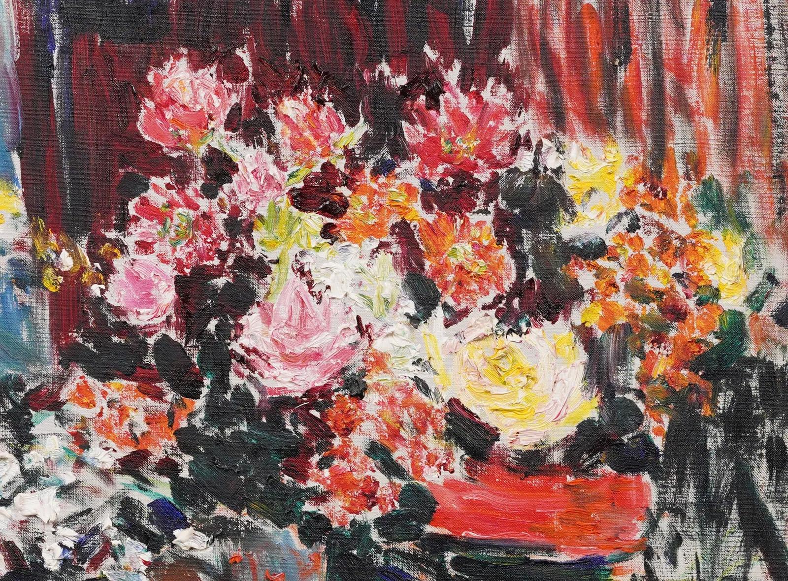 Grande pittura ad olio di natura morta floreale incorniciata di Antique French American Modernist - Abstract Painting Beige di Dimitri Berea (1908 - 1975) 