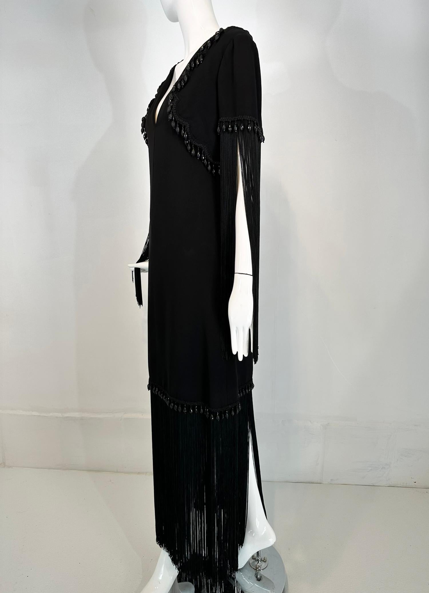 Dimitri Kritsas Haute Couture New York 1960s-70 Black Bead & Fringe Evening Gown For Sale 7