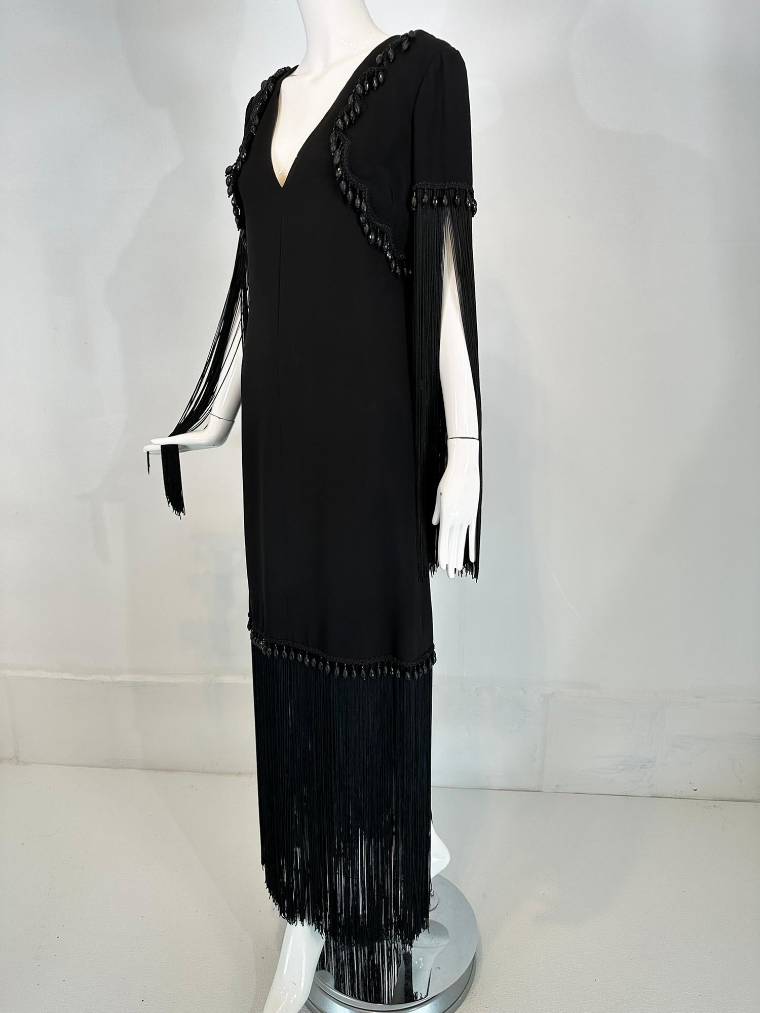 Dimitri Kritsas Haute Couture New York 1960s-70 Black Bead & Fringe Evening Gown For Sale 8