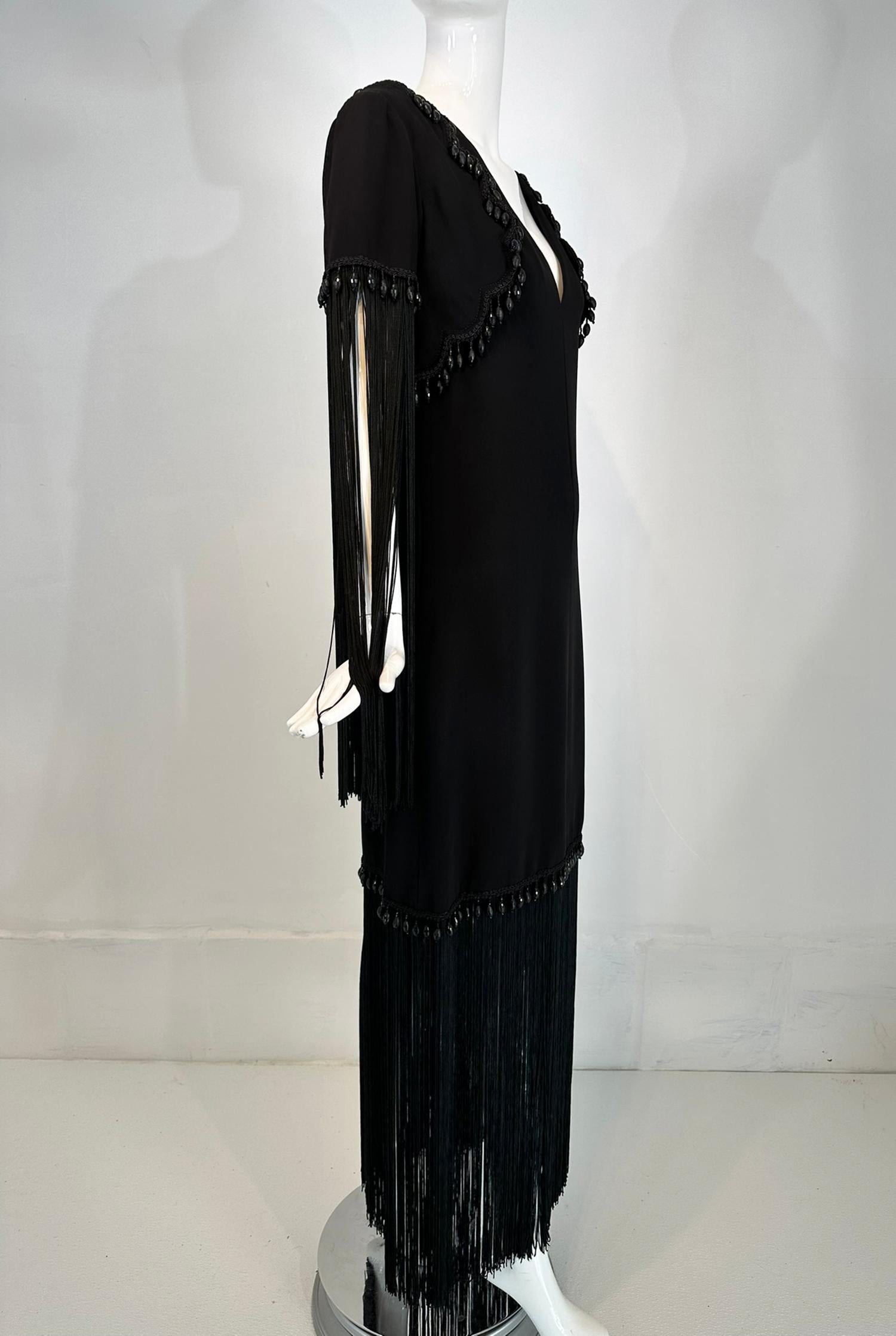 Dimitri Kritsas Haute Couture New York 1960s-70 Black Bead & Fringe Evening Gown In Good Condition For Sale In West Palm Beach, FL