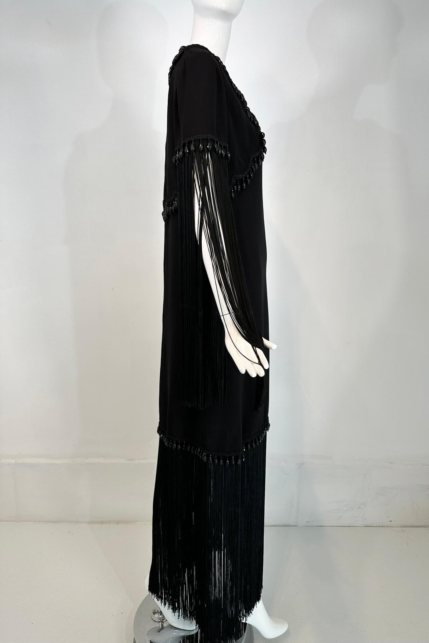 Women's Dimitri Kritsas Haute Couture New York 1960s-70 Black Bead & Fringe Evening Gown For Sale