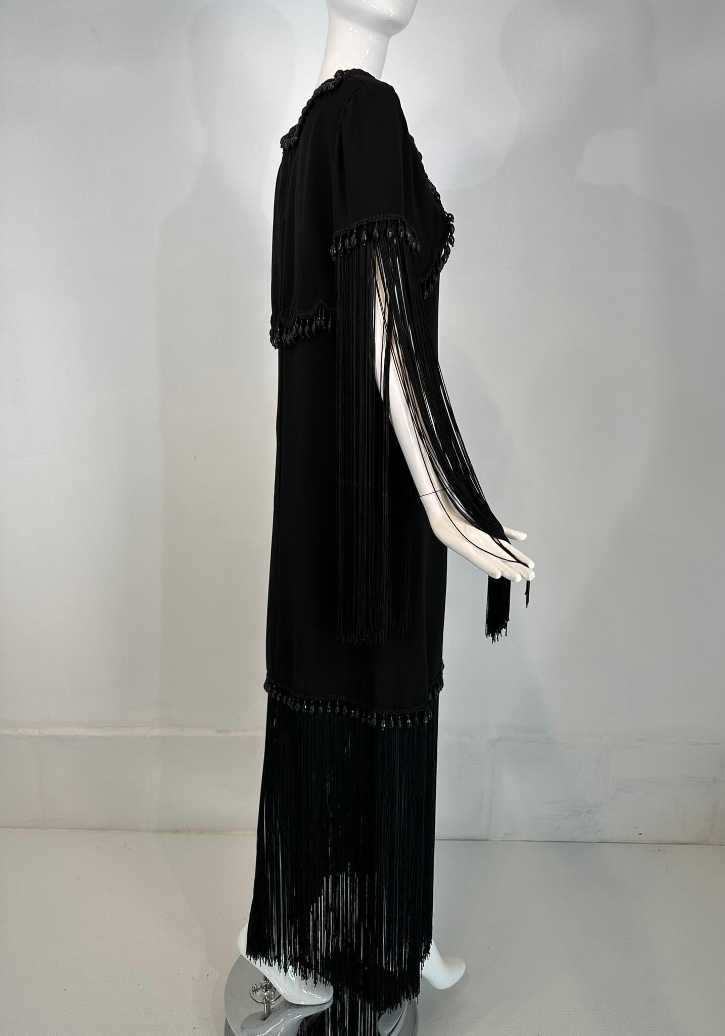 Dimitri Kritsas Haute Couture New York 1960s-70 Black Bead & Fringe Evening Gown For Sale 1