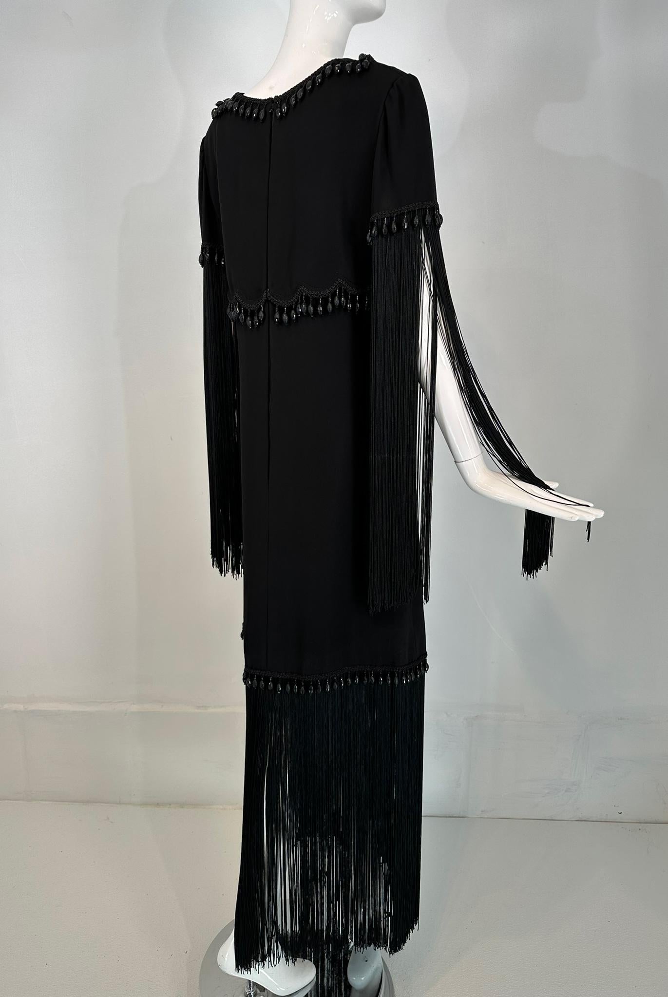 Dimitri Kritsas Haute Couture New York 1960s-70 Black Bead & Fringe Evening Gown For Sale 2