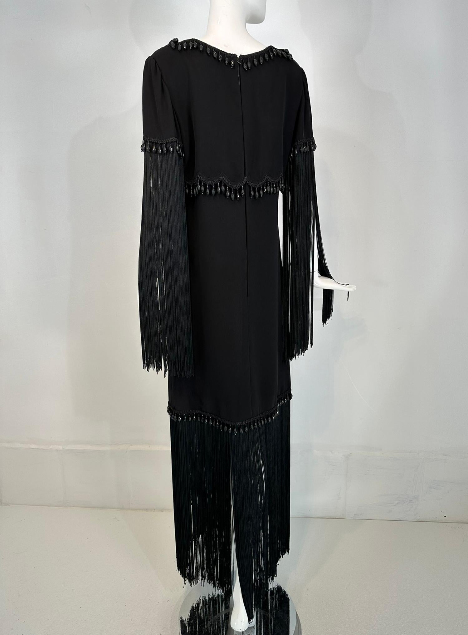Dimitri Kritsas Haute Couture New York 1960s-70 Black Bead & Fringe Evening Gown For Sale 3