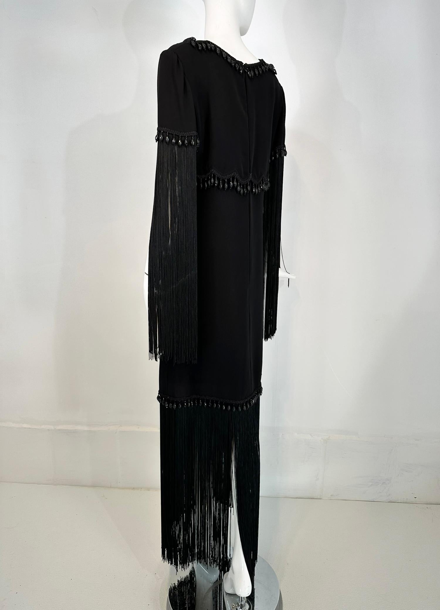 Dimitri Kritsas Haute Couture New York 1960s-70 Black Bead & Fringe Evening Gown For Sale 4