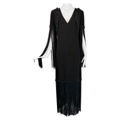Dimitri Kritsas Haute Couture New York 1960s-70 Robe de soirée noire perlée et à franges