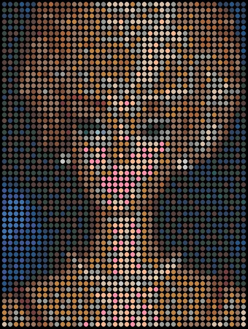 Serie: Pop
Smalto ad olio su tela

Considero ogni punto colorato come una persona. Tu, io e tutti gli altri. Tutti insieme formiamo l'immagine mostrata. Noterai che nel mio lavoro tutti i punti sono distribuiti uniformemente in una griglia. Per me