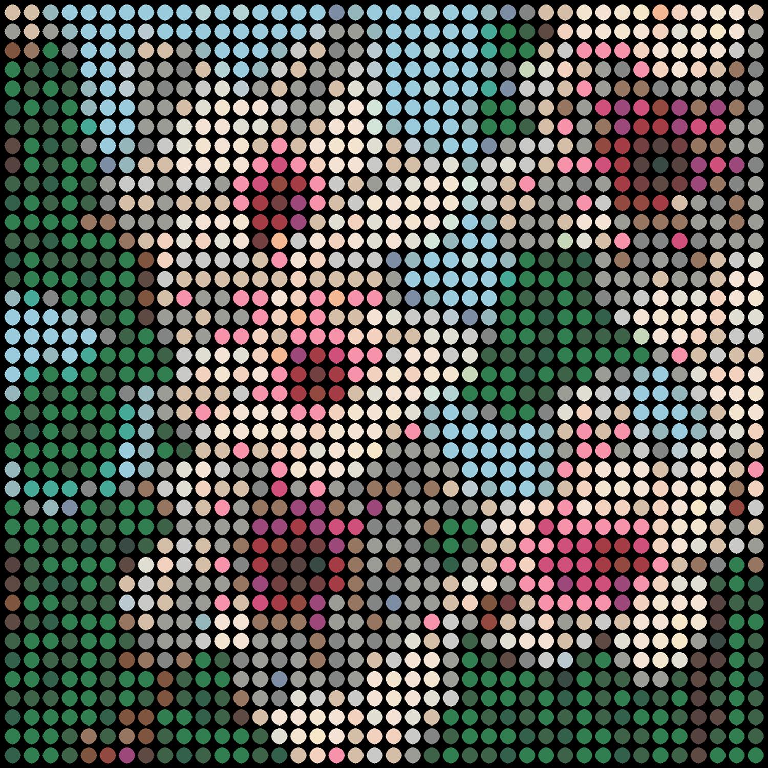 Series: Pop
Oil Enamel Paint on Canvas

I consider each colored dot to be like a person. You and me and everyone. Together we all make up that image shown. You will notice that in my work all the dots are spread out evenly in a grid. The grid stands