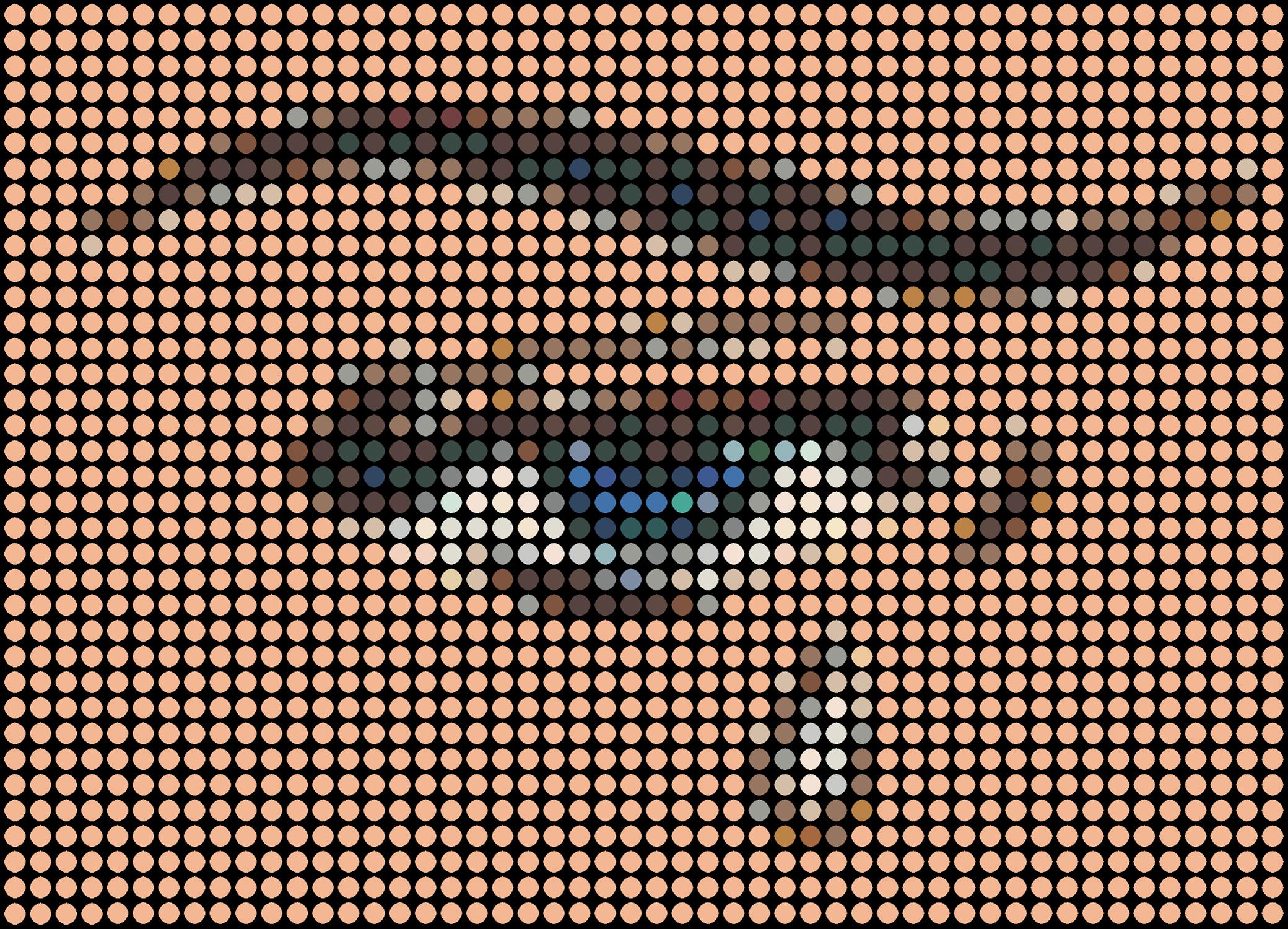 Series: Pop
Oil Enamel Paint on Canvas

I consider each colored dot to be like a person. You and me and everyone. Together we all make up that image shown. You will notice that in my work all the dots are spread out evenly in a grid. The grid stands
