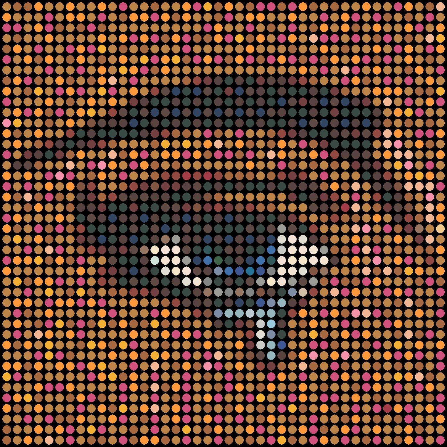 Series: Pop
Oil Enamel Paint on Canvas

I consider each colored dot to be like a person. You and me and everyone. Together we all make up that image shown. You will notice that in my work all the dots are spread out evenly in a grid. The grid stands
