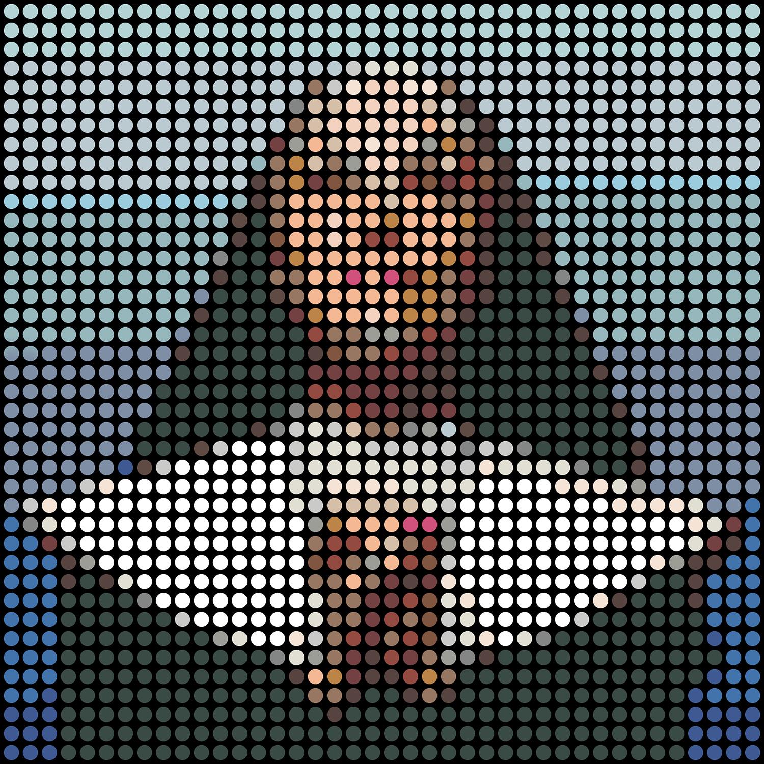 Serie: Pop
Smalto ad olio su tela

Considero ogni punto colorato come una persona. Tu, io e tutti gli altri. Tutti insieme formiamo l'immagine mostrata. Noterai che nel mio lavoro tutti i punti sono distribuiti uniformemente in una griglia. Per me