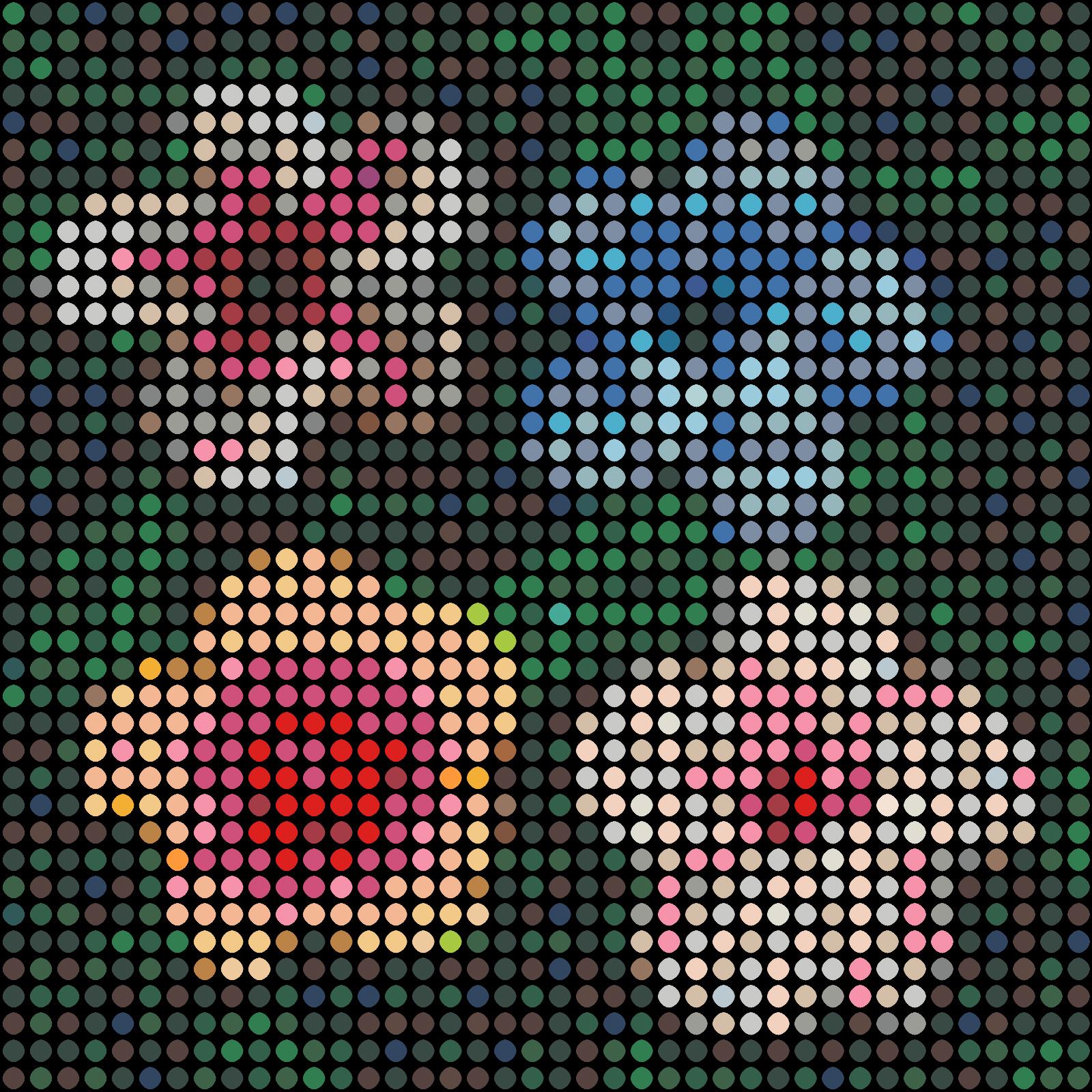 Series: Pop
Oil Enamel Paint on Canvas

I consider each colored dot to be like a person. You and me and everyone. Together we all make up that image shown. You will notice that in my work all the dots are spread out evenly in a grid. The grid stands