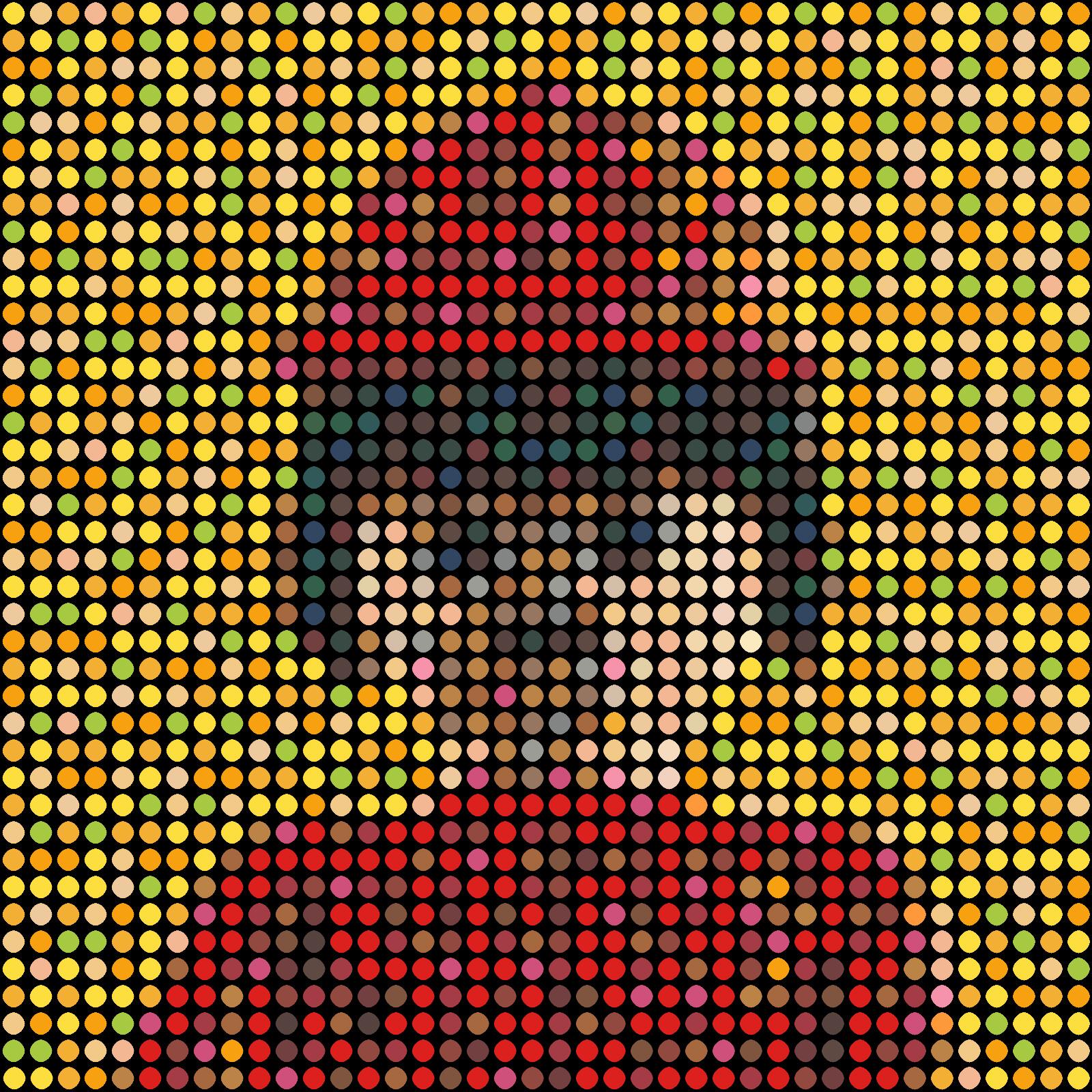 Series: Pop
Oil Enamel Paint on Canvas

I consider each colored dot to be like a person. You and me and everyone. Together we all make up that image shown. You will notice that in my work all the dots are spread out evenly in a grid. The grid stands