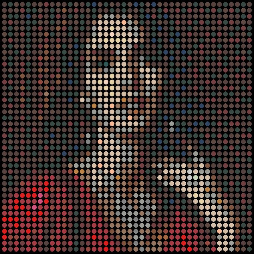 Serie: Pop
Öl-Emaille-Farbe auf Leinwand

Für mich ist jeder farbige Punkt wie eine Person. Du und ich und alle anderen. Gemeinsam bilden wir alle das abgebildete Bild. Sie werden feststellen, dass in meiner Arbeit alle Punkte gleichmäßig in einem