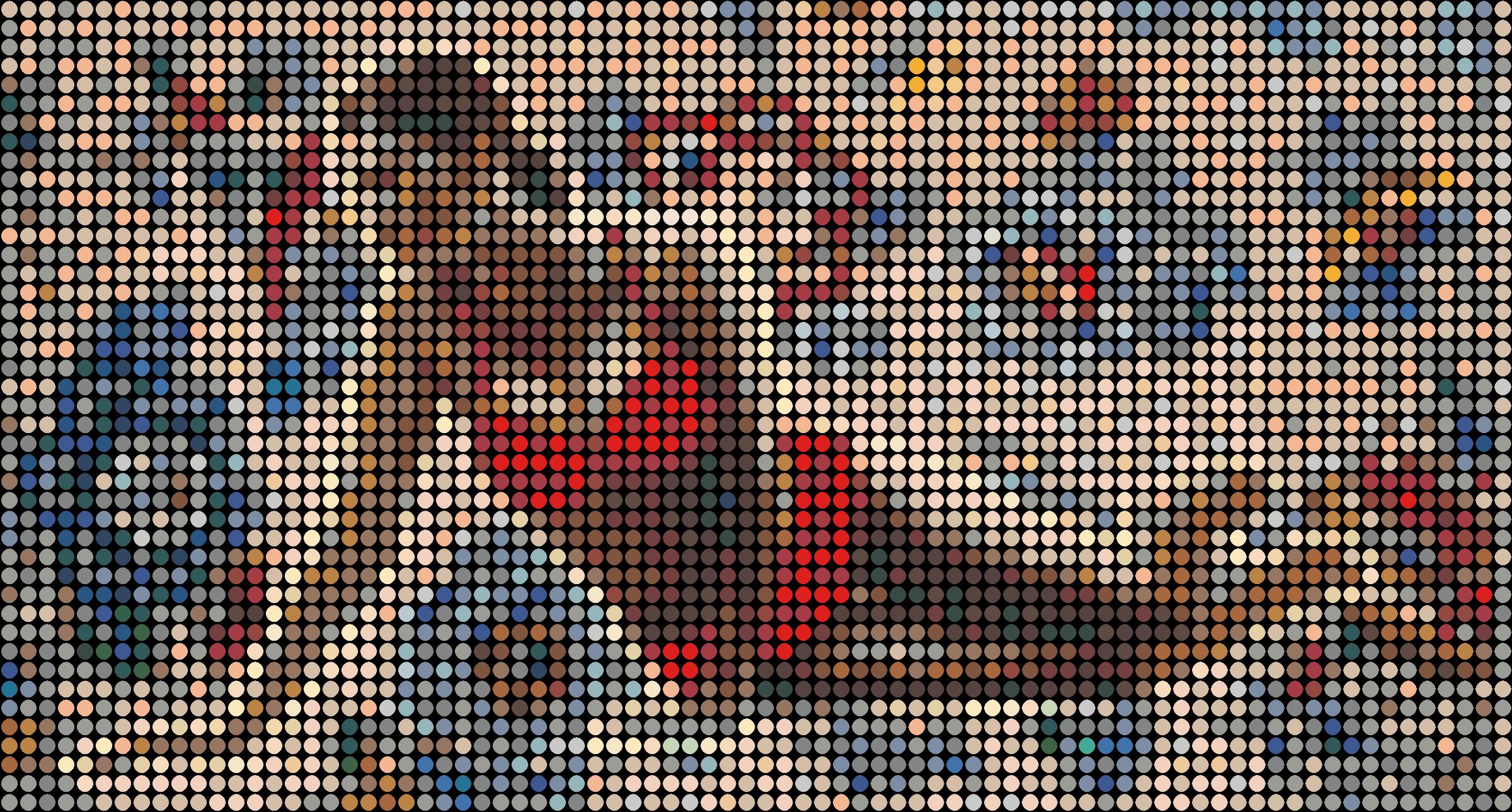 Series: Figurative
Oil Enamel Paint on Canvas

I consider each colored dot to be like a person. You and me and everyone. Together we all make up that image shown. You will notice that in my work all the dots are spread out evenly in a grid. The grid