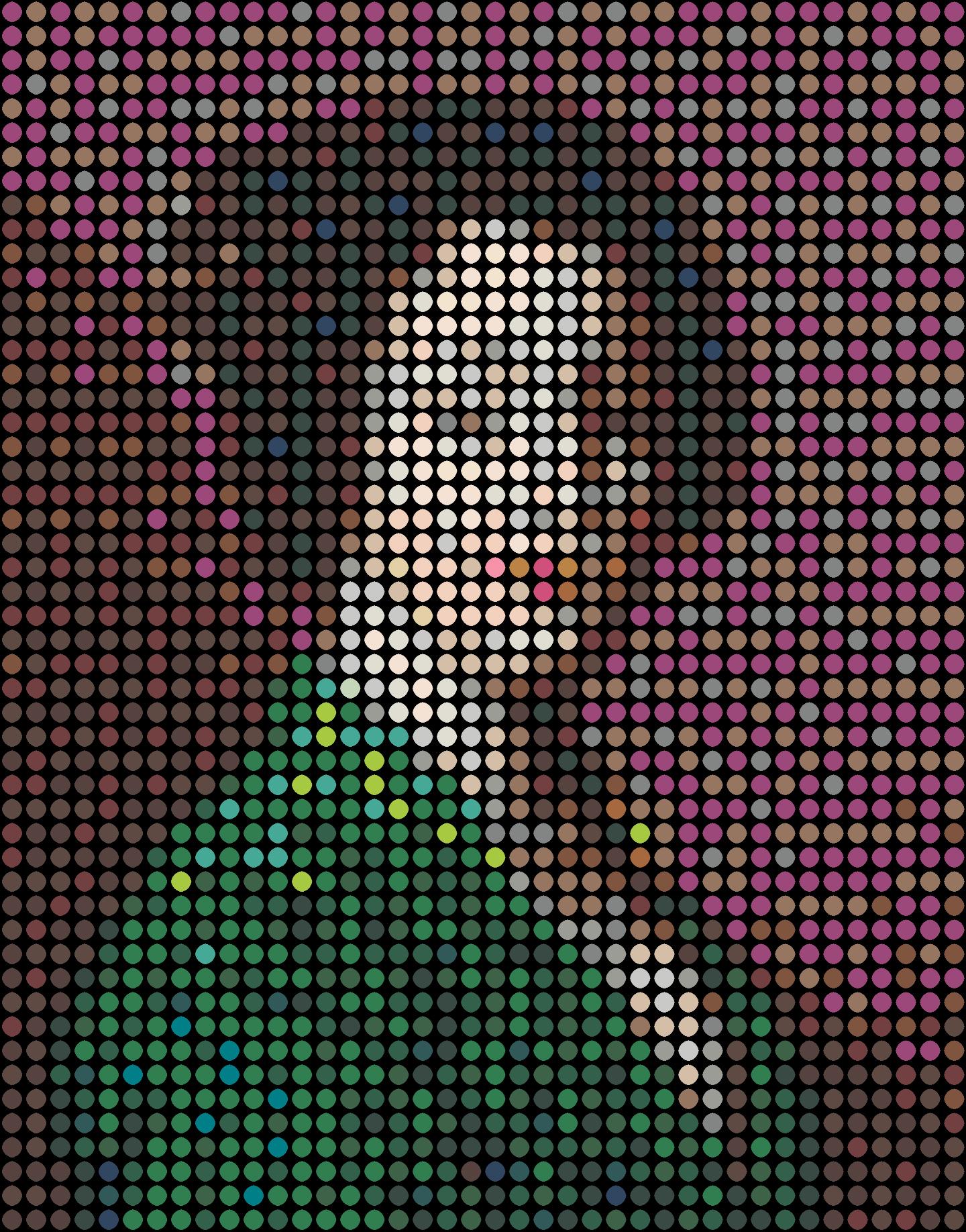 Serie: Pop
Smalto ad olio su tela

Considero ogni punto colorato come una persona. Tu, io e tutti gli altri. Tutti insieme formiamo l'immagine mostrata. Noterai che nel mio lavoro tutti i punti sono distribuiti uniformemente in una griglia. Per me