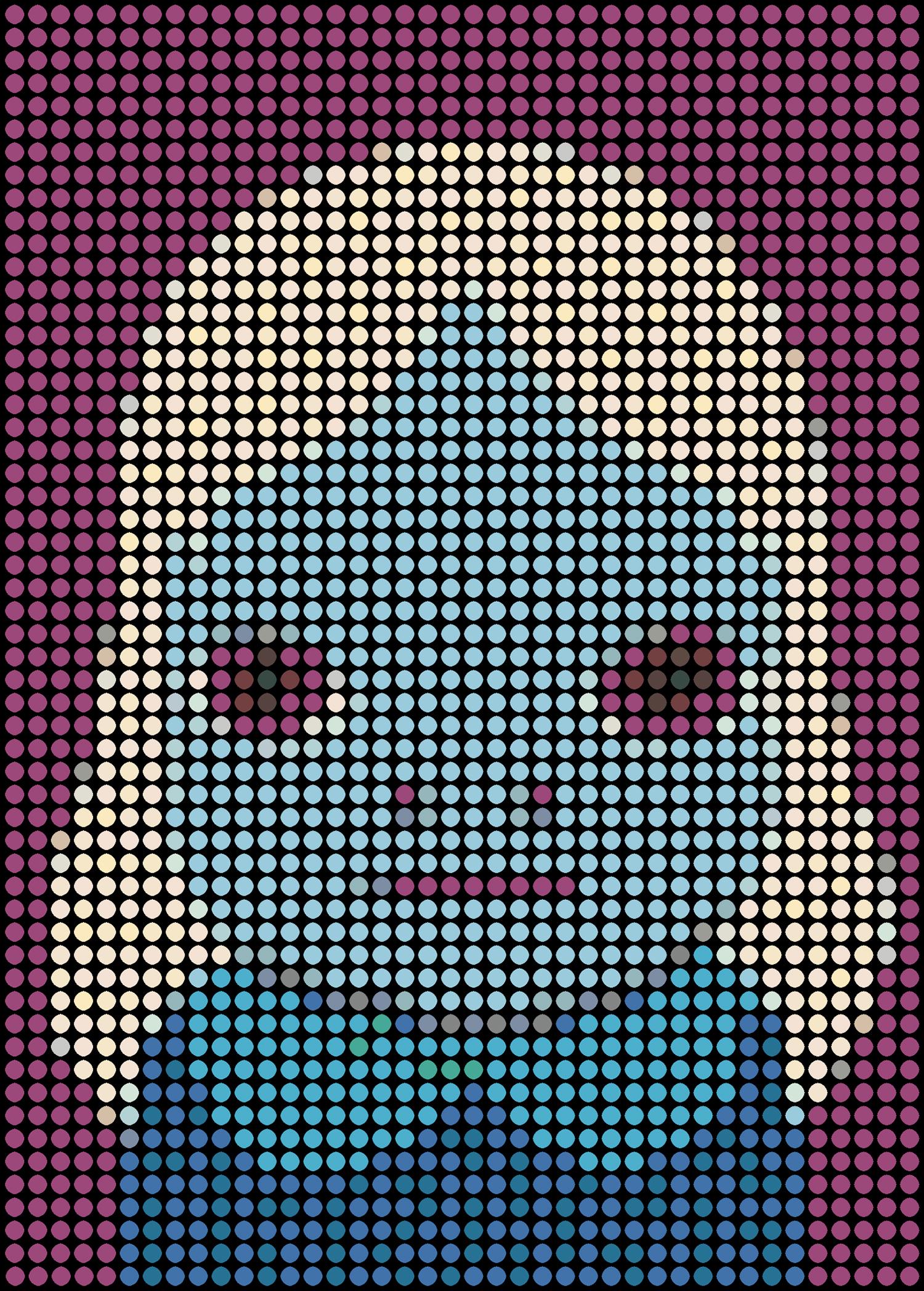Serie: Pop
Smalto ad olio su tela

Considero ogni punto colorato come una persona. Tu, io e tutti gli altri. Tutti insieme formiamo l'immagine mostrata. Noterai che nel mio lavoro tutti i punti sono distribuiti uniformemente in una griglia. Per me