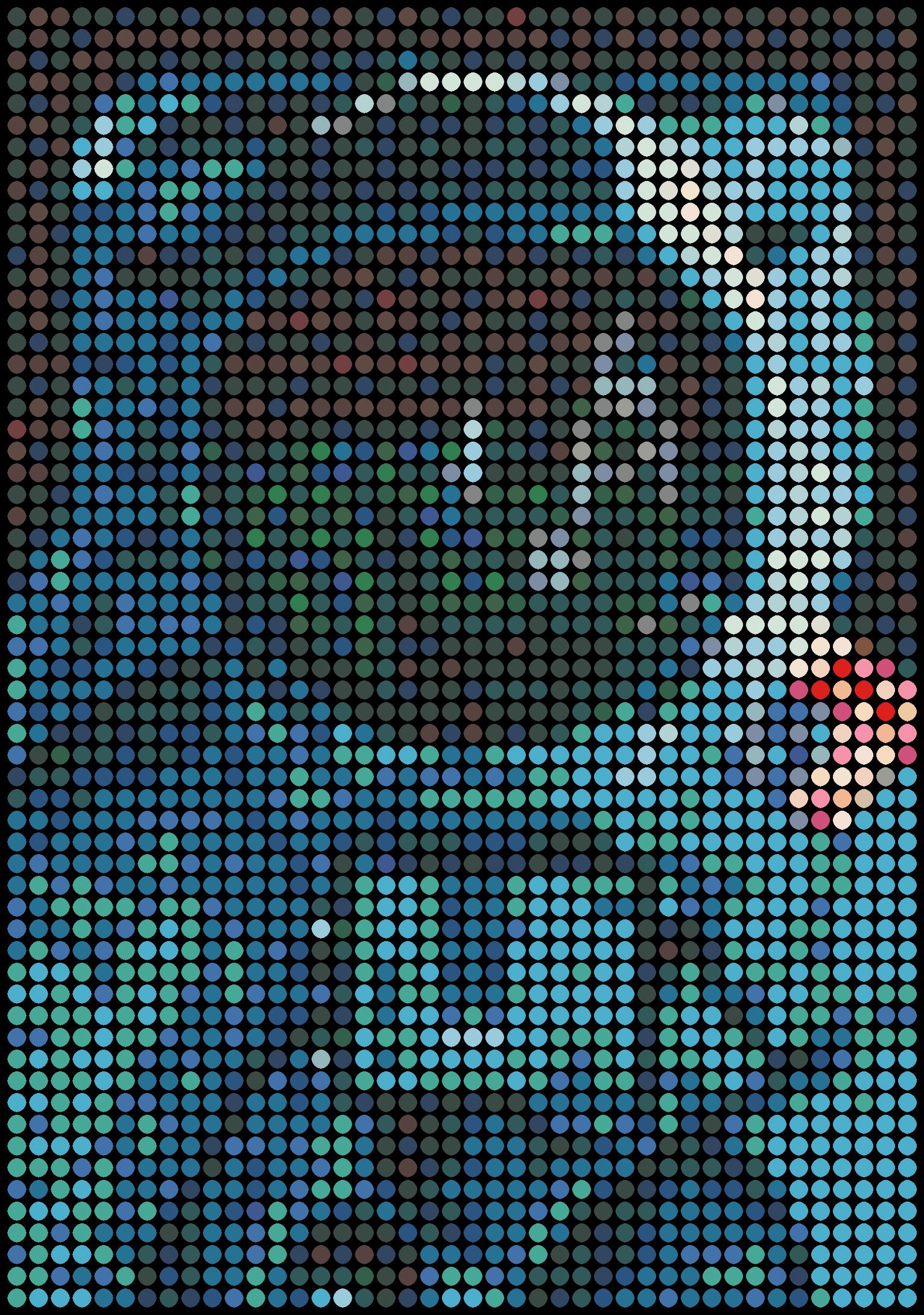 Series: Pop
Oil Enamel Paint on Canvas

I consider each colored dot to be like a person. You and me and everyone. Together we all make up that image shown. You will notice that in my work all the dots are spread out evenly in a grid. The grid stands