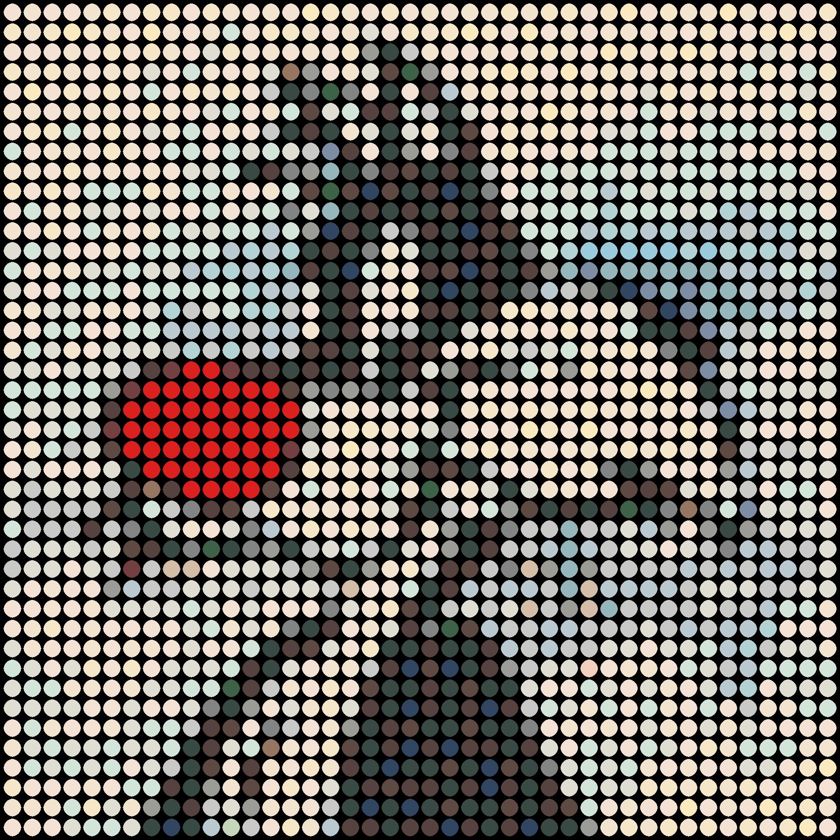 Series: Pop
Pintura al óleo esmaltada sobre lienzo

Considero que cada punto de color es como una persona. Tú, yo y todos. Todos juntos formamos esa imagen que se muestra. Observarás que en mi trabajo todos los puntos están repartidos uniformemente
