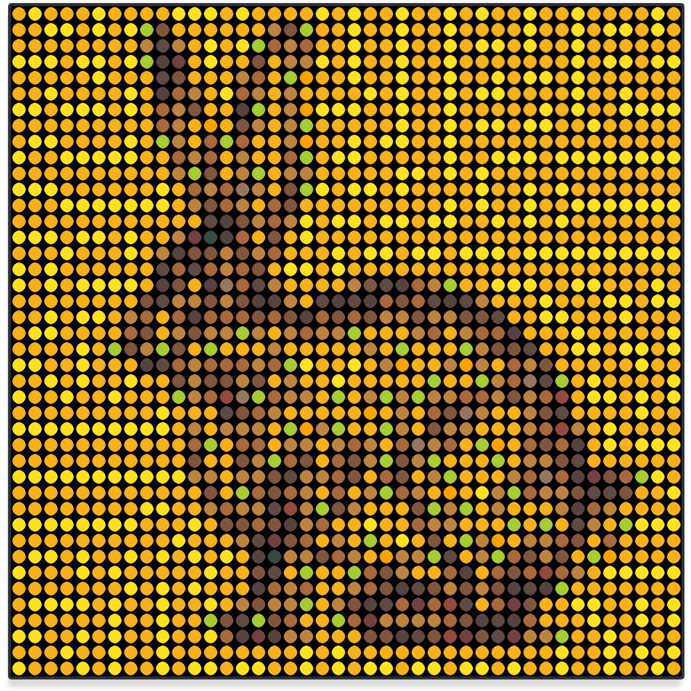 Serie: Pop
Smalto ad olio su tela

Considero ogni punto colorato come una persona. Tu, io e tutti gli altri. Tutti insieme formiamo l'immagine mostrata. Noterai che nel mio lavoro tutti i punti sono distribuiti uniformemente in una griglia. Per me