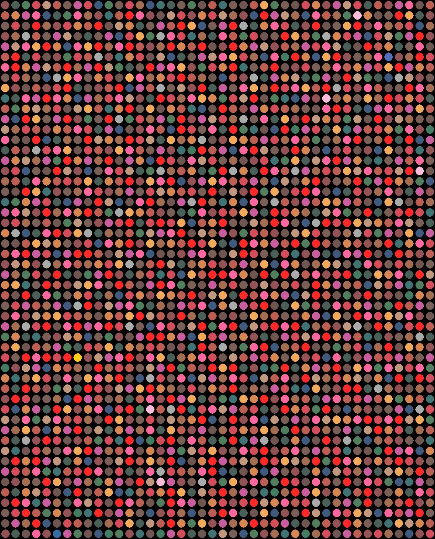 Series: Abstract
Oil Enamel Paint on Canvas

I consider each colored dot to be like a person. You and me and everyone. Together we all make up that image shown. You will notice that in my work all the dots are spread out evenly in a grid. The grid