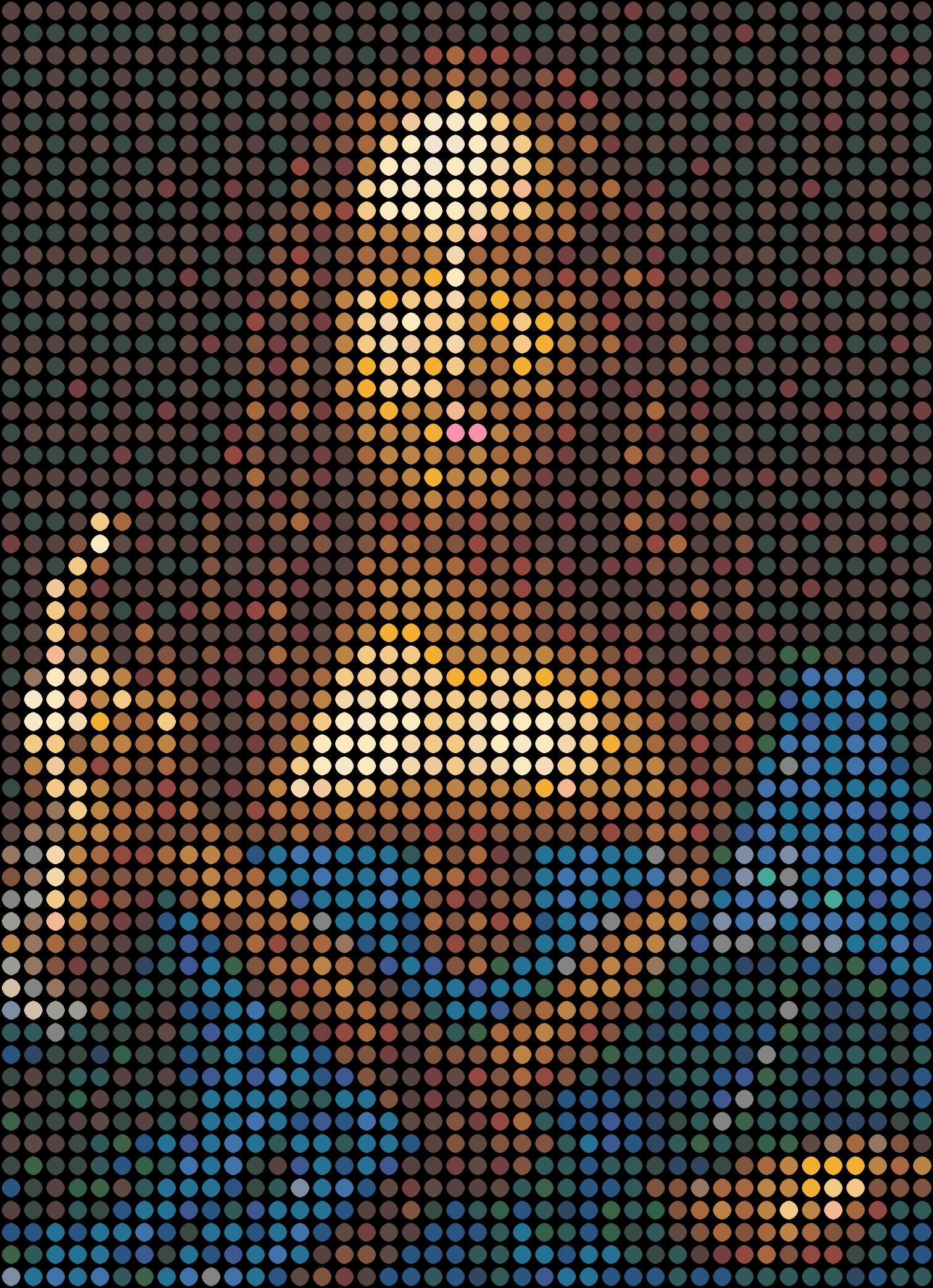 Serie: Pop
Öl-Emaille-Farbe auf Leinwand

Für mich ist jeder farbige Punkt wie eine Person. Du und ich und alle anderen. Gemeinsam bilden wir alle das abgebildete Bild. Sie werden feststellen, dass in meiner Arbeit alle Punkte gleichmäßig in einem