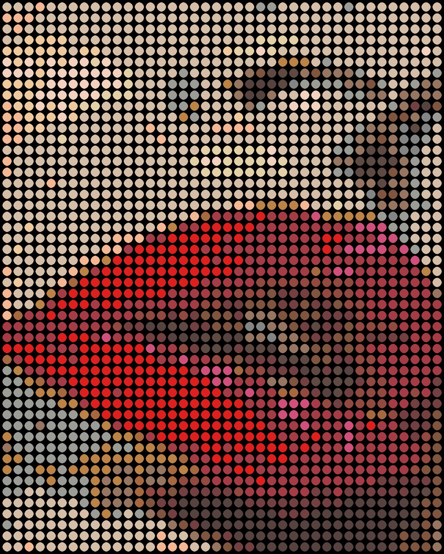 Serie: Pop
Smalto ad olio su tela

Considero ogni punto colorato come una persona. Tu, io e tutti gli altri. Tutti insieme formiamo l'immagine mostrata. Noterai che nel mio lavoro tutti i punti sono distribuiti uniformemente in una griglia. Per me