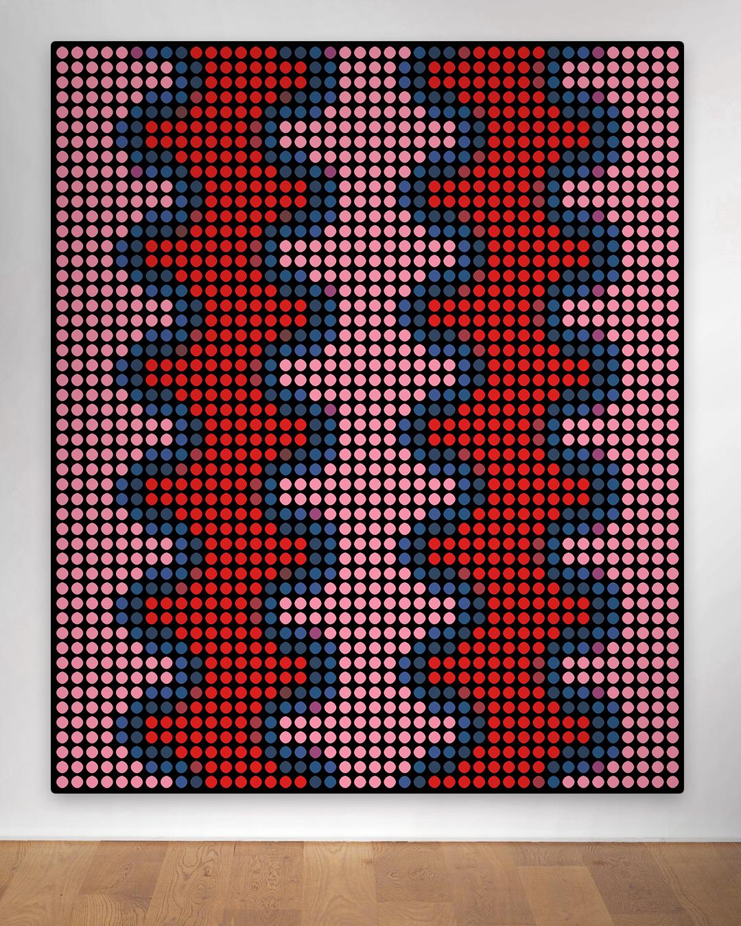 Series: Abstract
Oil Enamel Paint on Canvas

I consider each colored dot to be like a person. You and me and everyone. Together we all make up that image shown. You will notice that in my work all the dots are spread out evenly in a grid. The grid