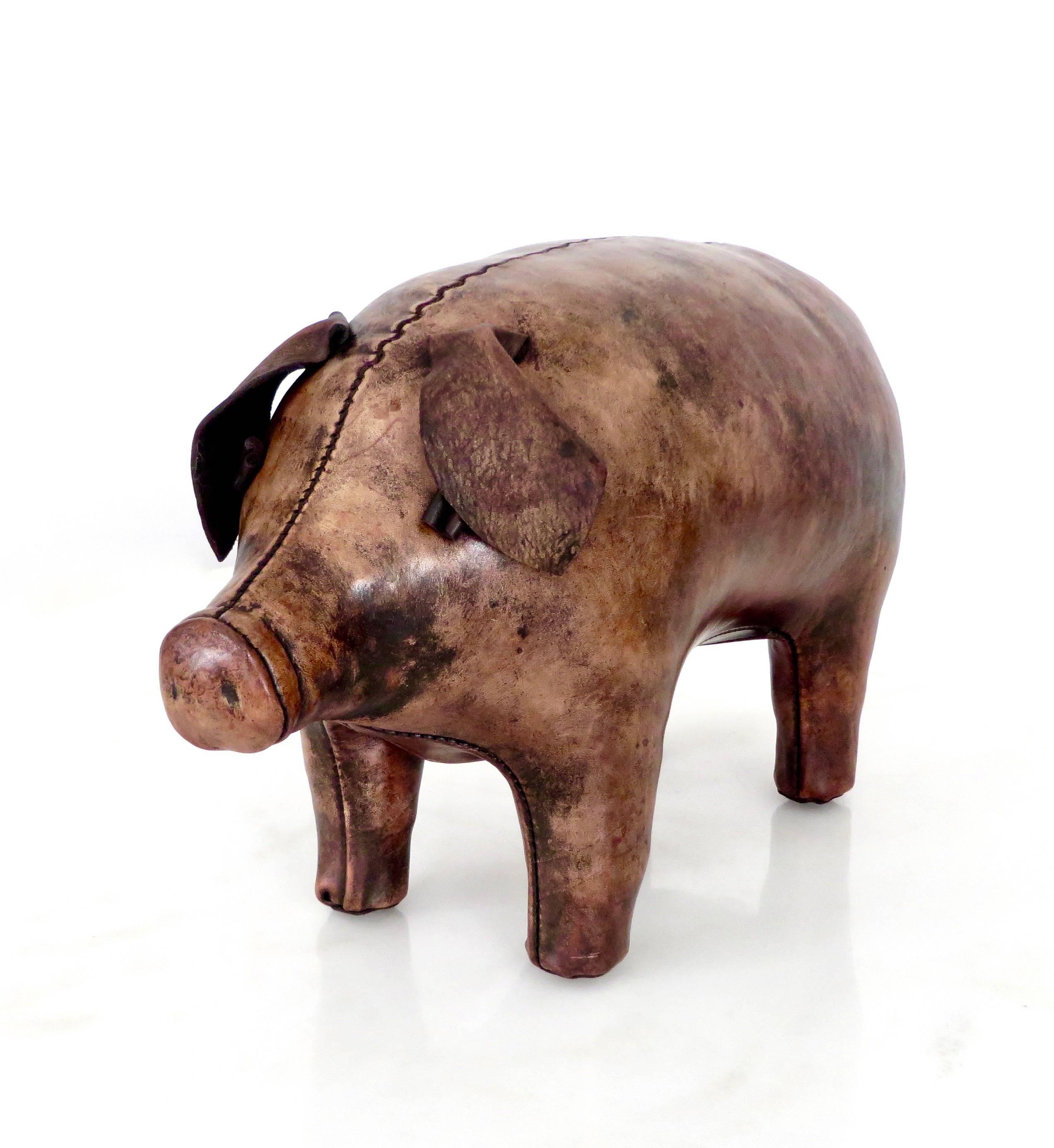 An example of the animal footstools designed by Dimitri Omersa of Liberty and retailed by Abercrombie & Fitch in the United States, the pig was the first design of the company. It is entirely stitched and fabricated by hand with beautifully finished