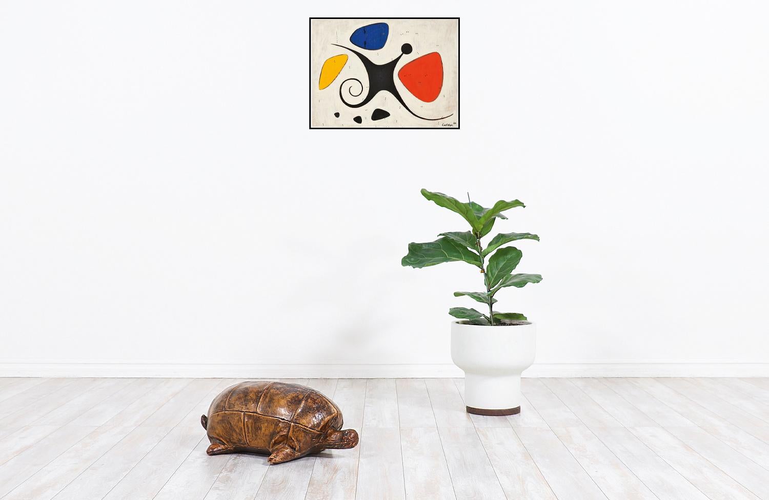 Adorable leather turtle designed by Dimitri Omersa in collaboration by the famous fashion and clothing company Abercrombie and Fitch in England circa 1960s. Originally designed to serve as a footstool, designer Dimitri Omersas’ sculptures are now