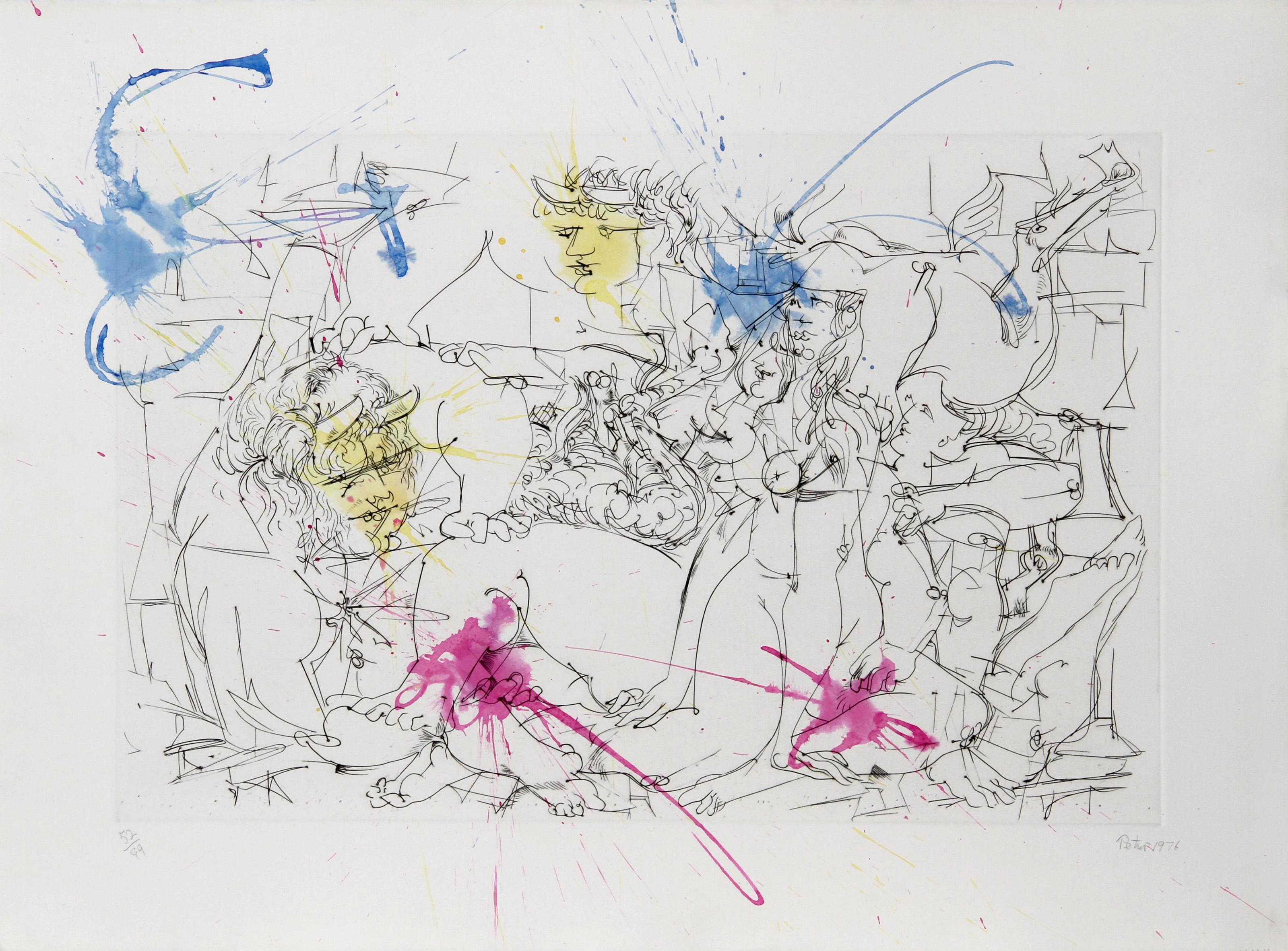 After Picasso II, Surrealist Etching and Watercolor by Dimitri Petrov