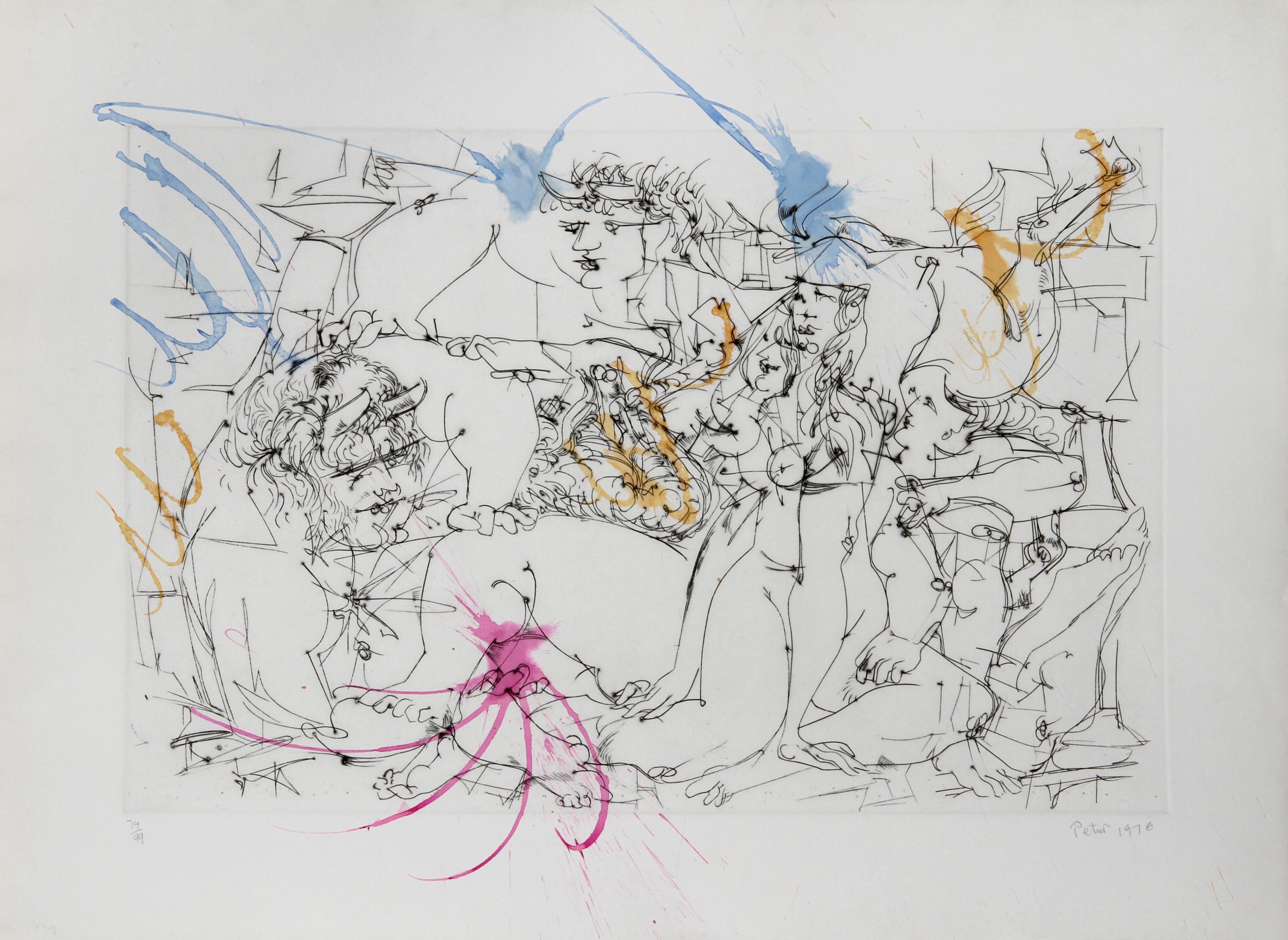 After Picasso III, Surrealist Etching with Watercolor by Dimitri Petrov