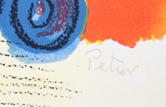Uomo e uccello II, colorata litografia astratta surreale di Dimitri Petrov