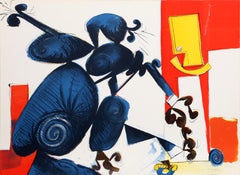 Man and Bird II, farbenfrohe, surreale, abstrakte Lithographie von Dimitri Petrov, „Man and Bird II“